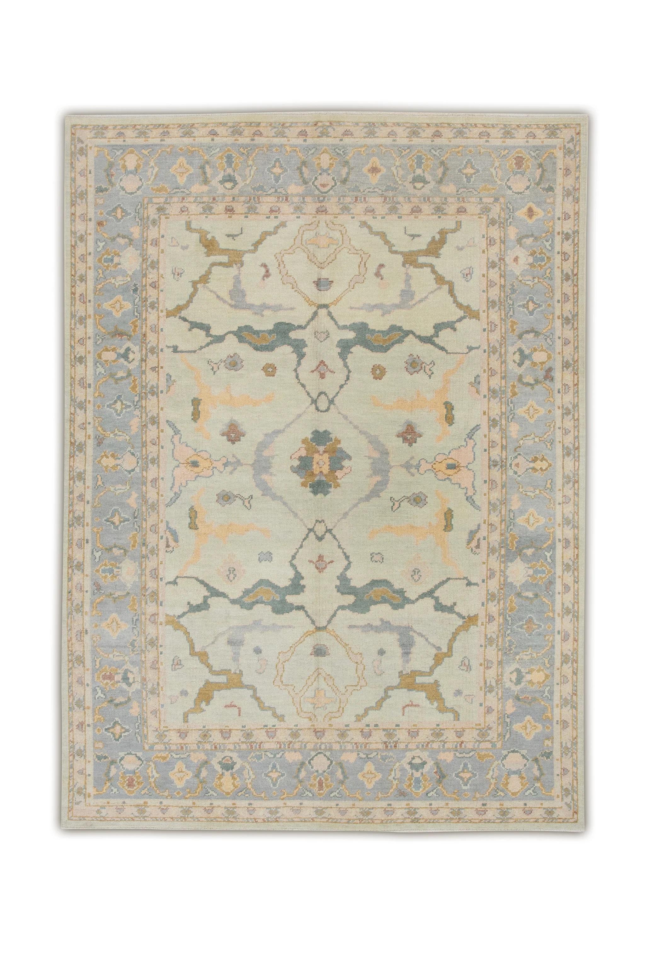 Pink & Blue Floral Handwoven Wool Turkish Oushak Rug 6'10