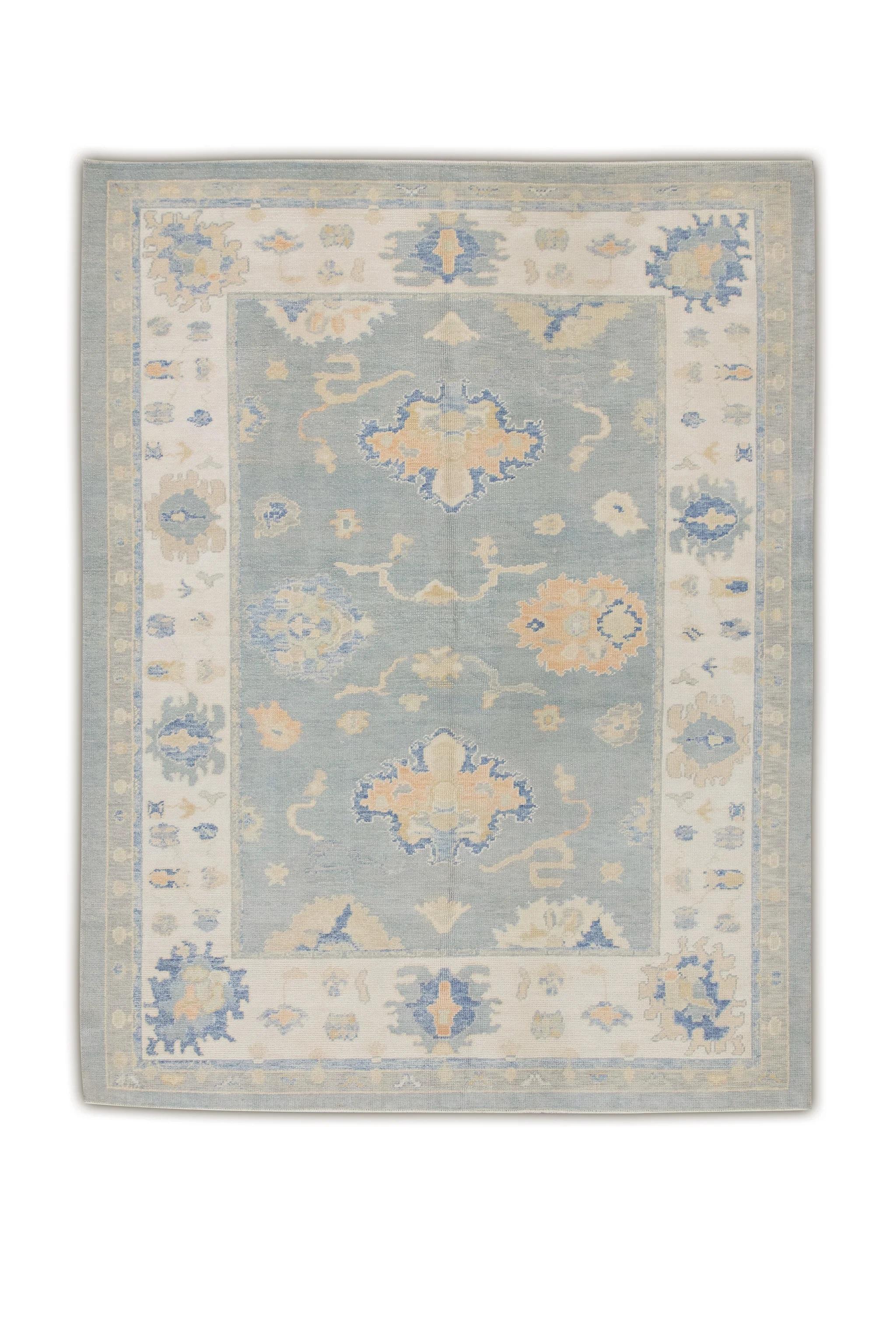 XXIe siècle et contemporain Tapis turc Oushak en laine tissé à la main à motifs floraux bleus et abricot 7' x 9'5
