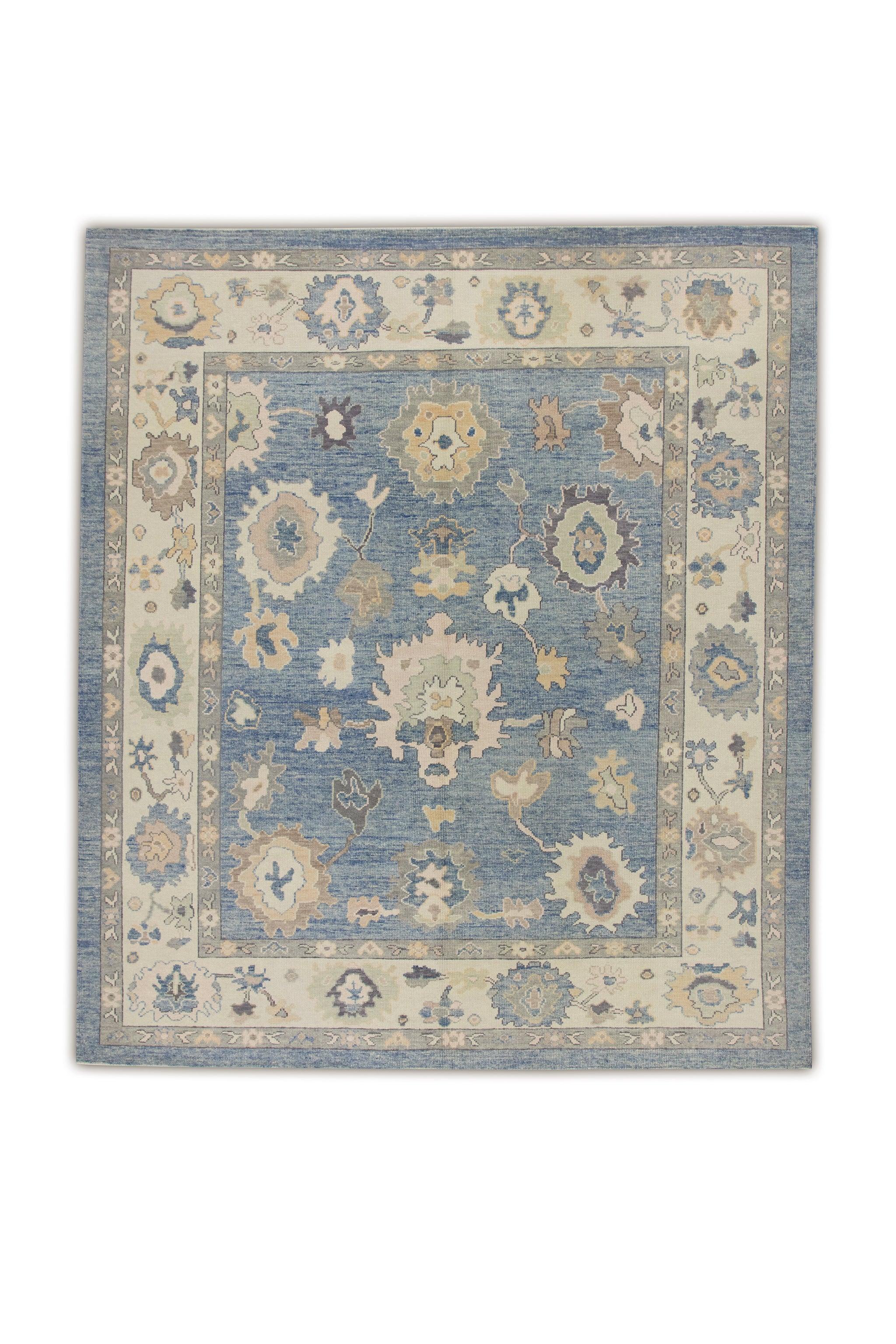 Blue Multicolor Floral Design Handwoven Wool Turkish Oushak Rug 8'3