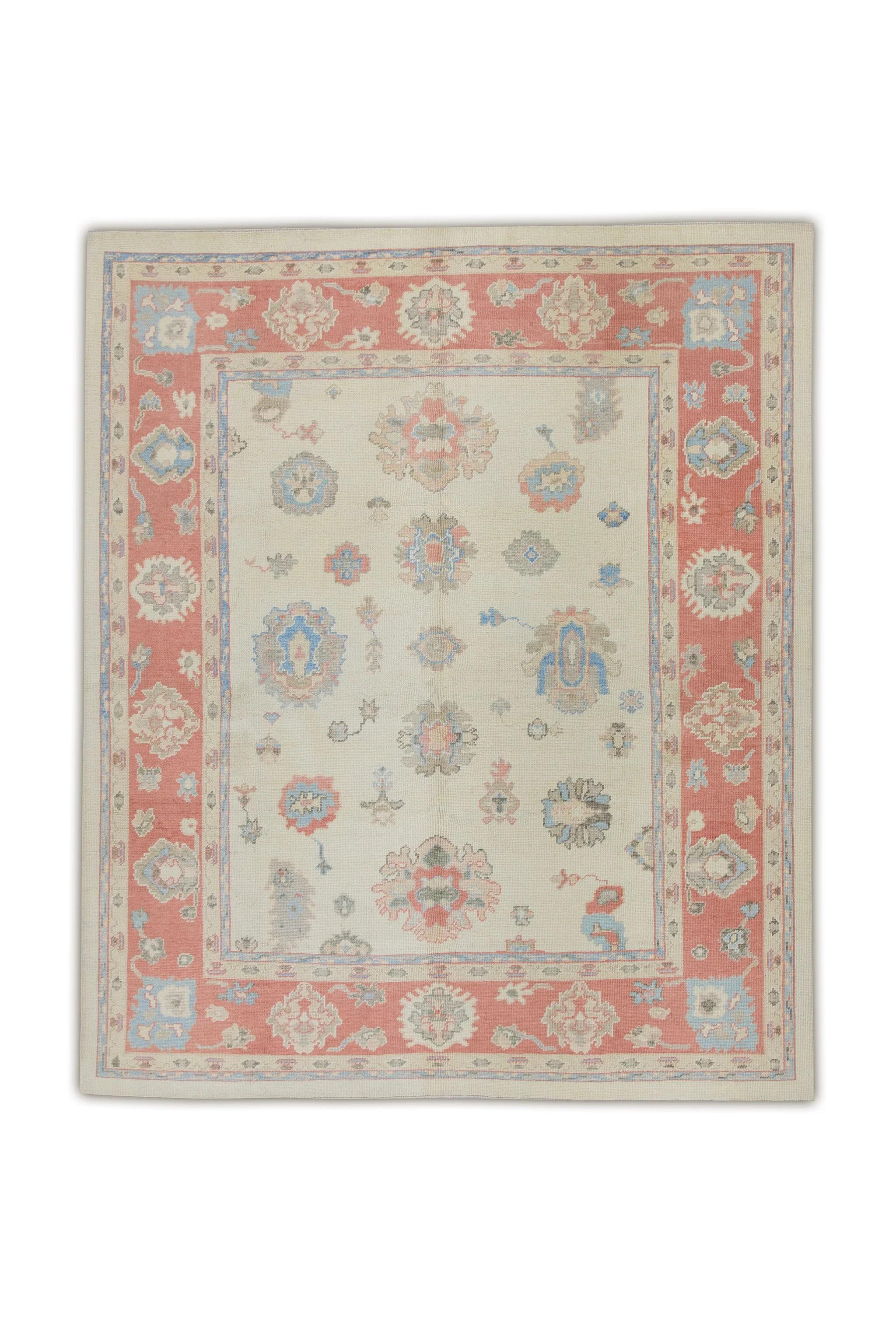 Cream Handwoven Wool Turkish Oushak Rug in Red & Blue Floral Design 8'3