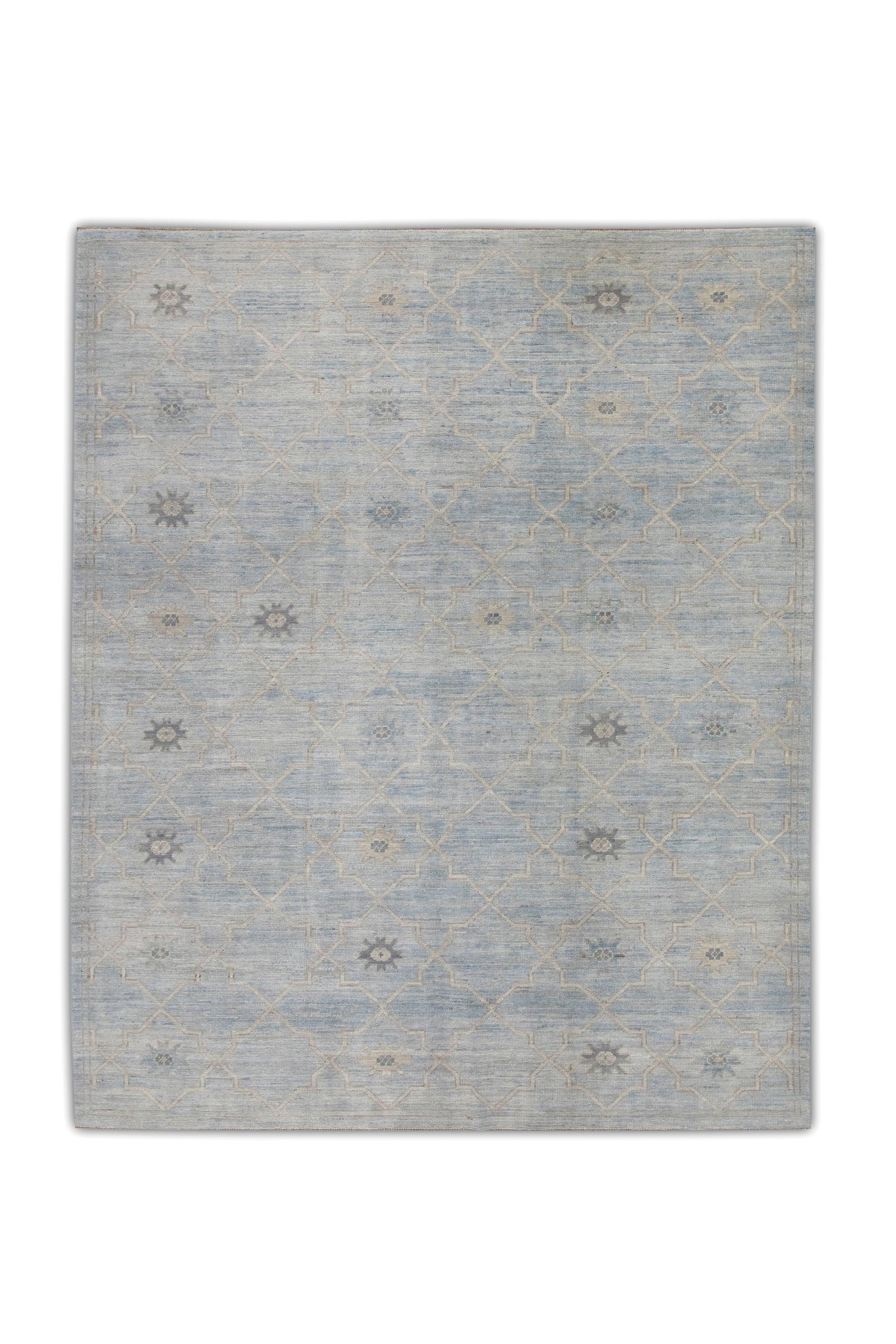 Türkischer Oushak-Teppich aus handgewebter Wolle in Blau, geometrisch, 8'2