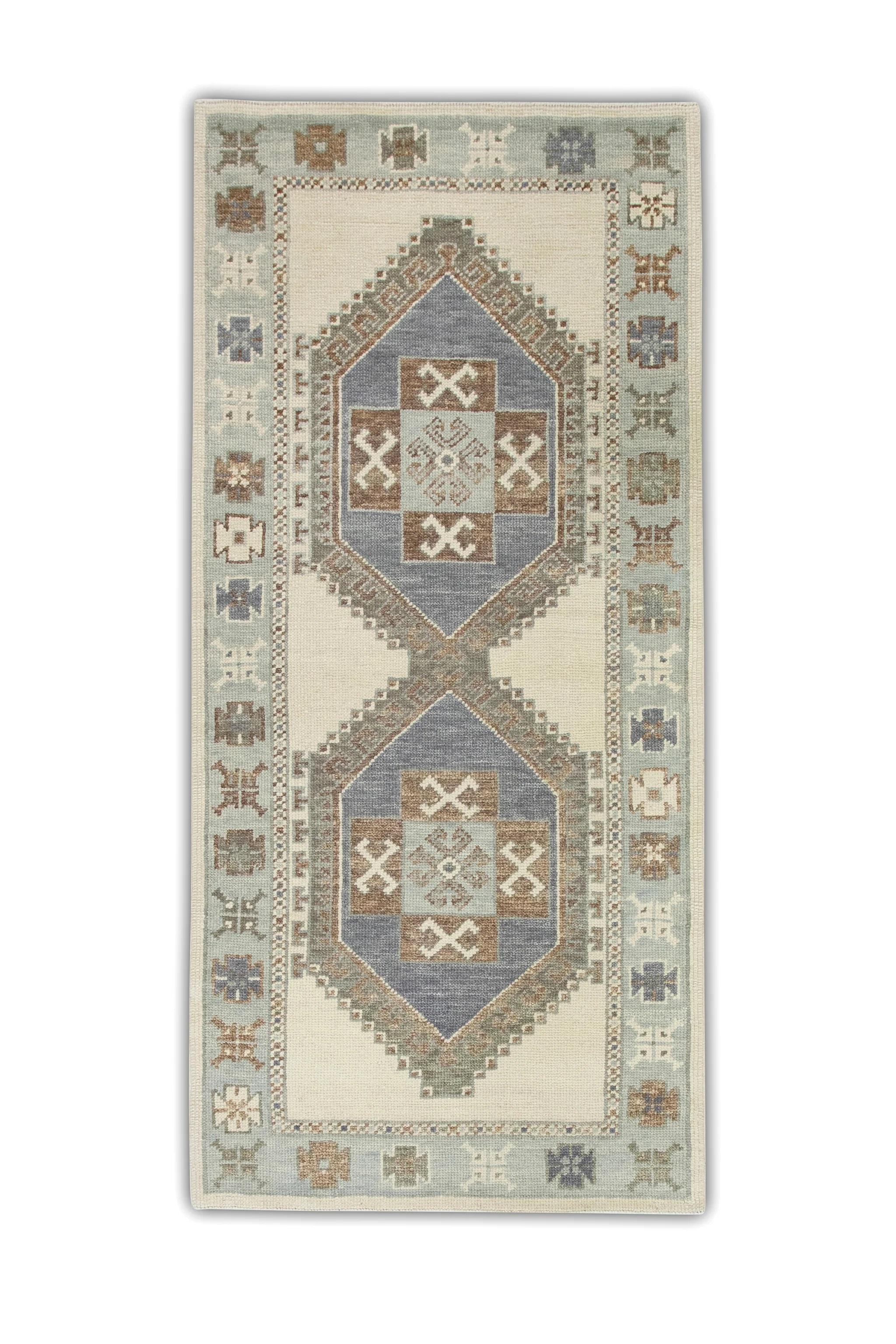 Brown & Blue Medallion Design Handwoven Wool Turkish Oushak Rug 3'1