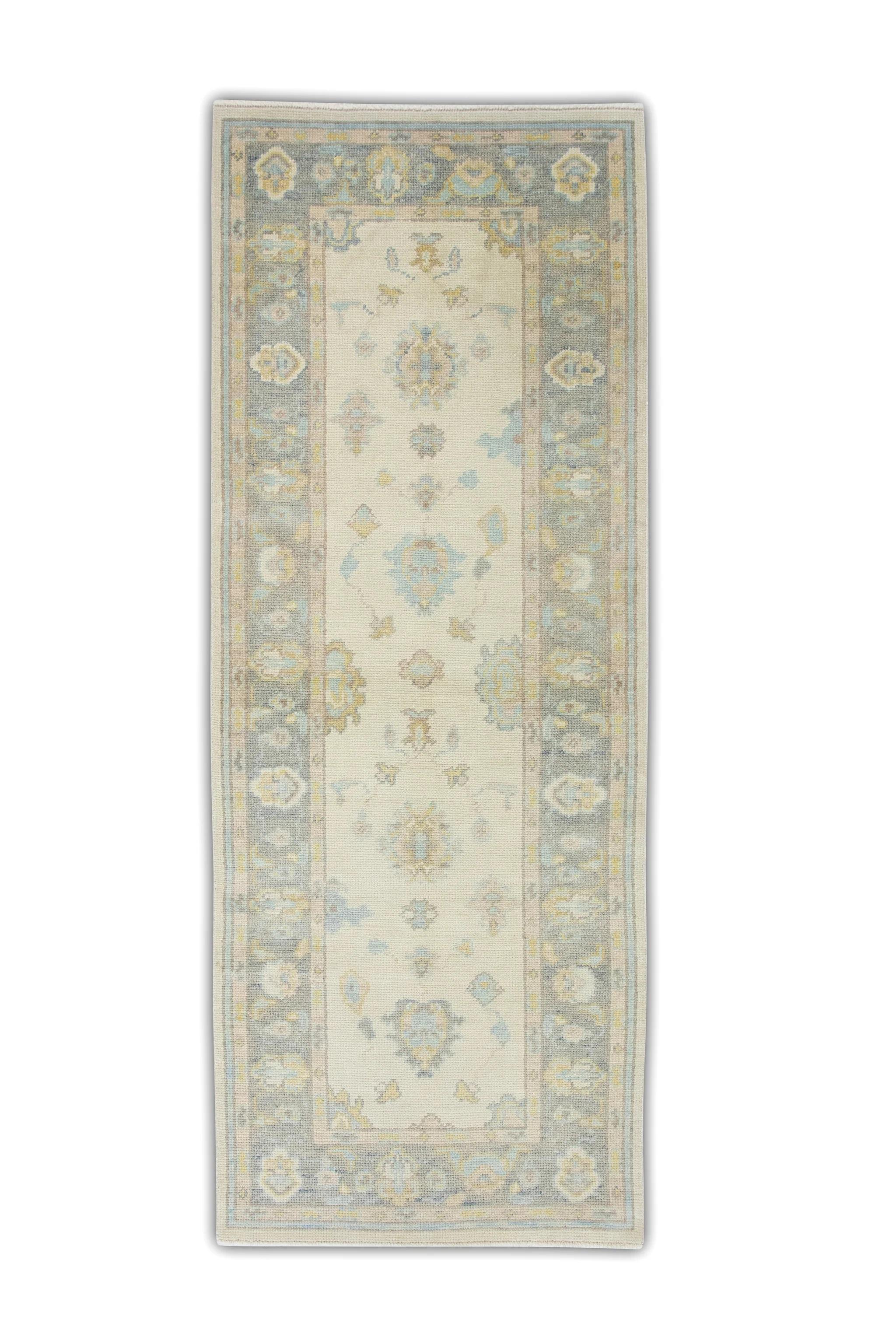 Türkischer Oushak-Teppich in Blau und Gelb aus handgewebter Wolle mit Blumenmuster 3' x 7'10