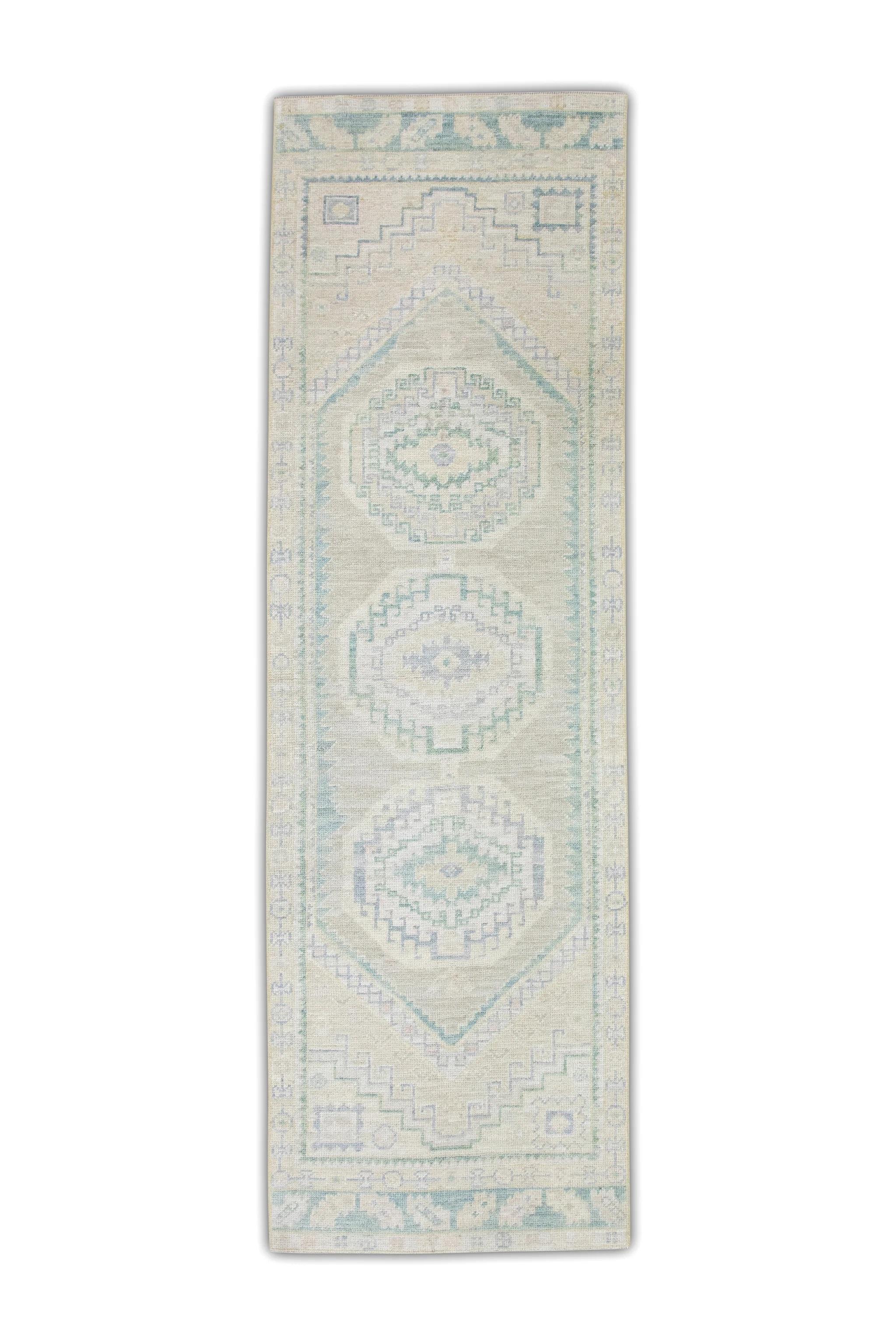 Medallion Design Handwoven Wool Turkish Oushak Rug in Blue & Green 2'10