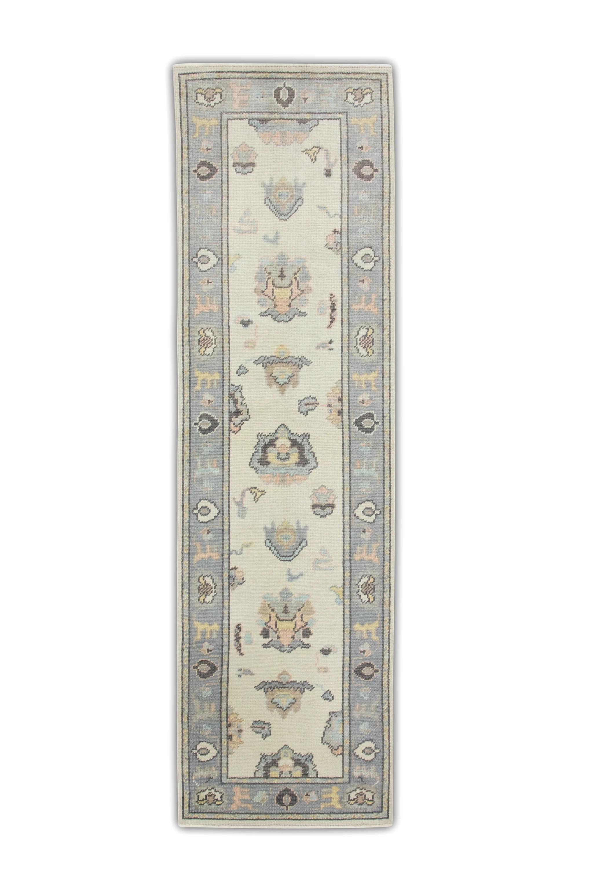 Cream Handwoven Wool Turkish Oushak Rug in Multicolor Floral Design 2'6