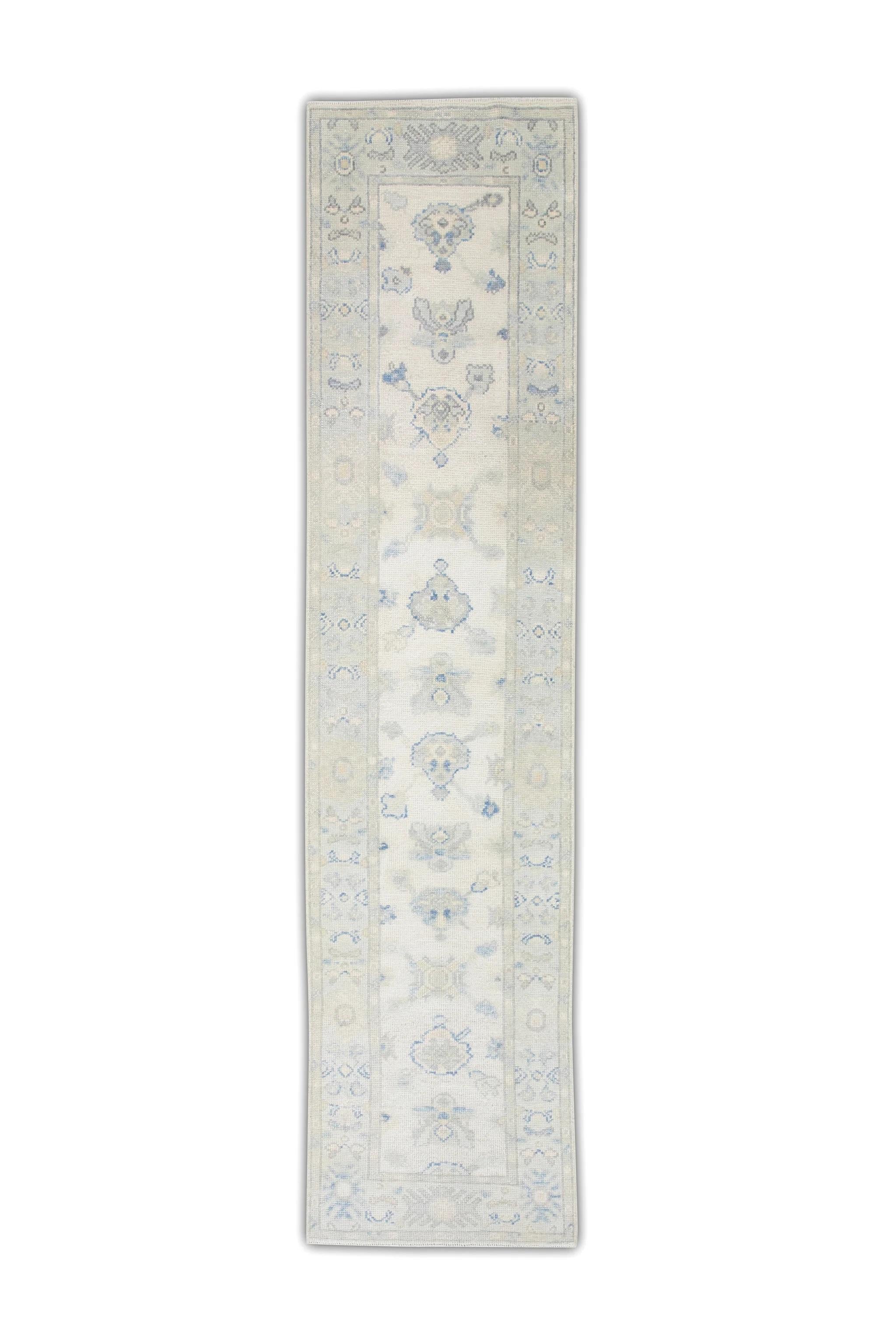 Cream Handwoven Wool Turkish Oushak Rug in Green & Blue Floral Design 2'5