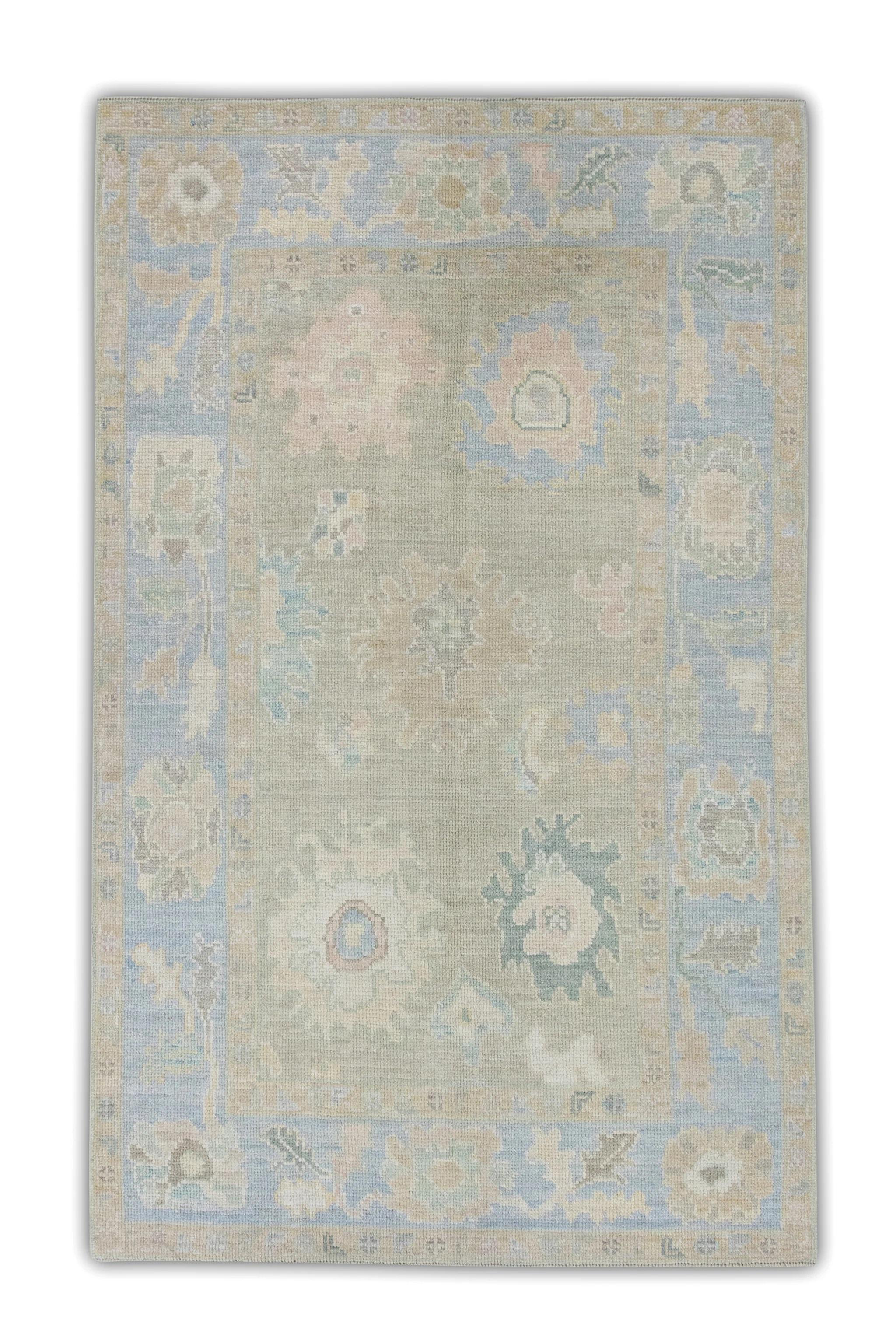Brown and Blue Floral Handwoven Wool Turkish Oushak Rug 4'2