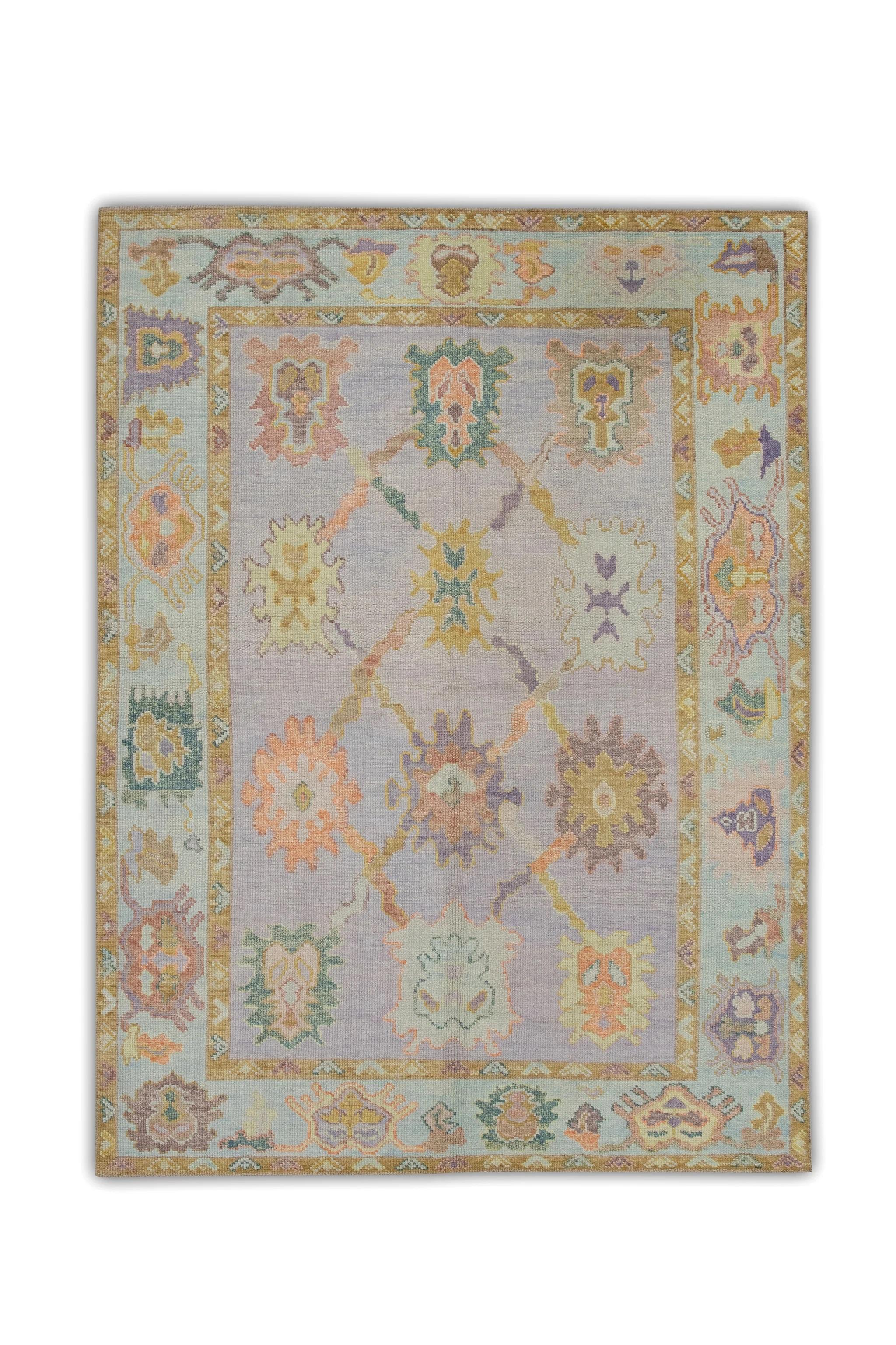 Purple Colorful Floral Handwoven Wool Turkish Oushak Rug 4'10