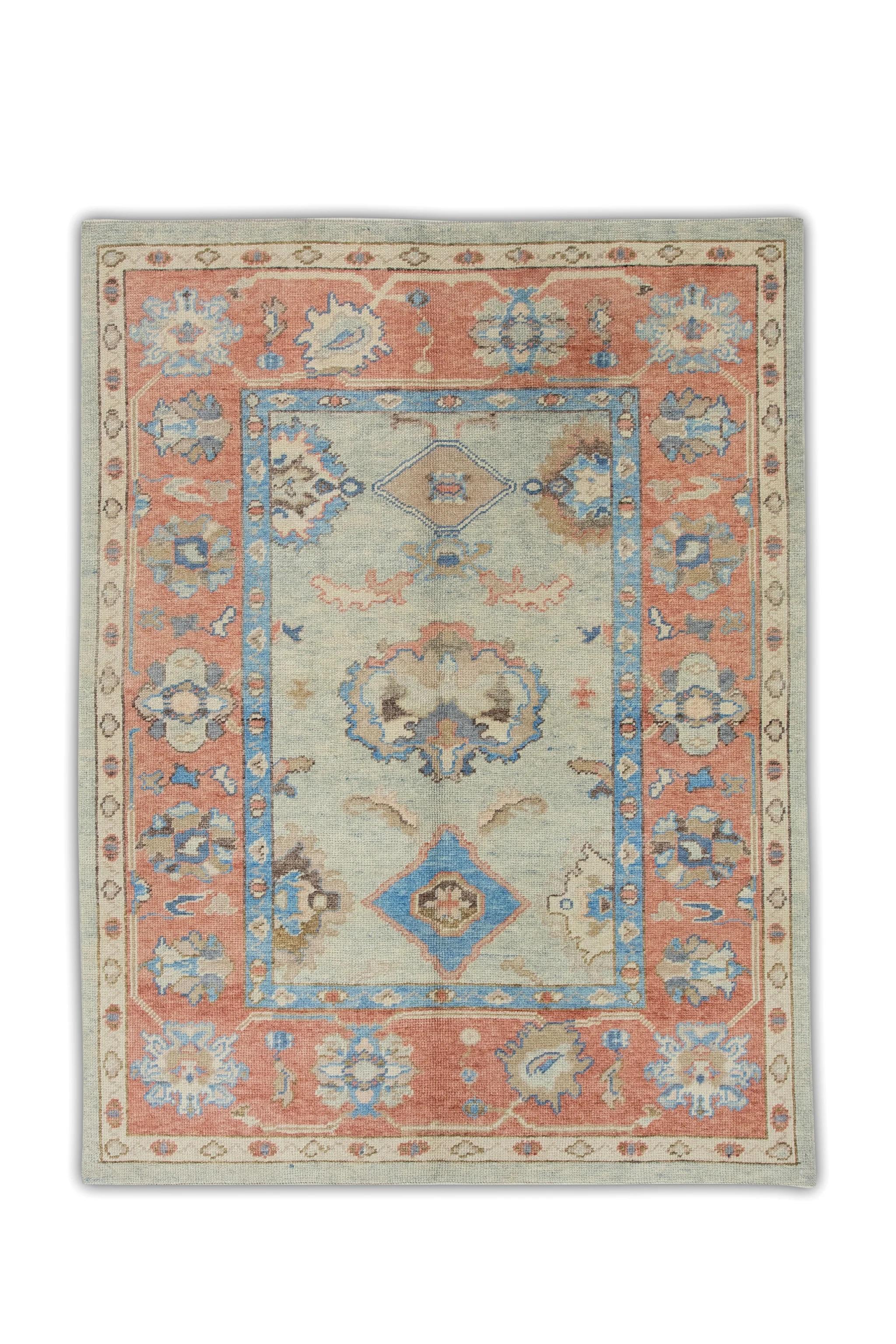 Red and Blue Floral Handwoven Wool Turkish Oushak Rug 5'3