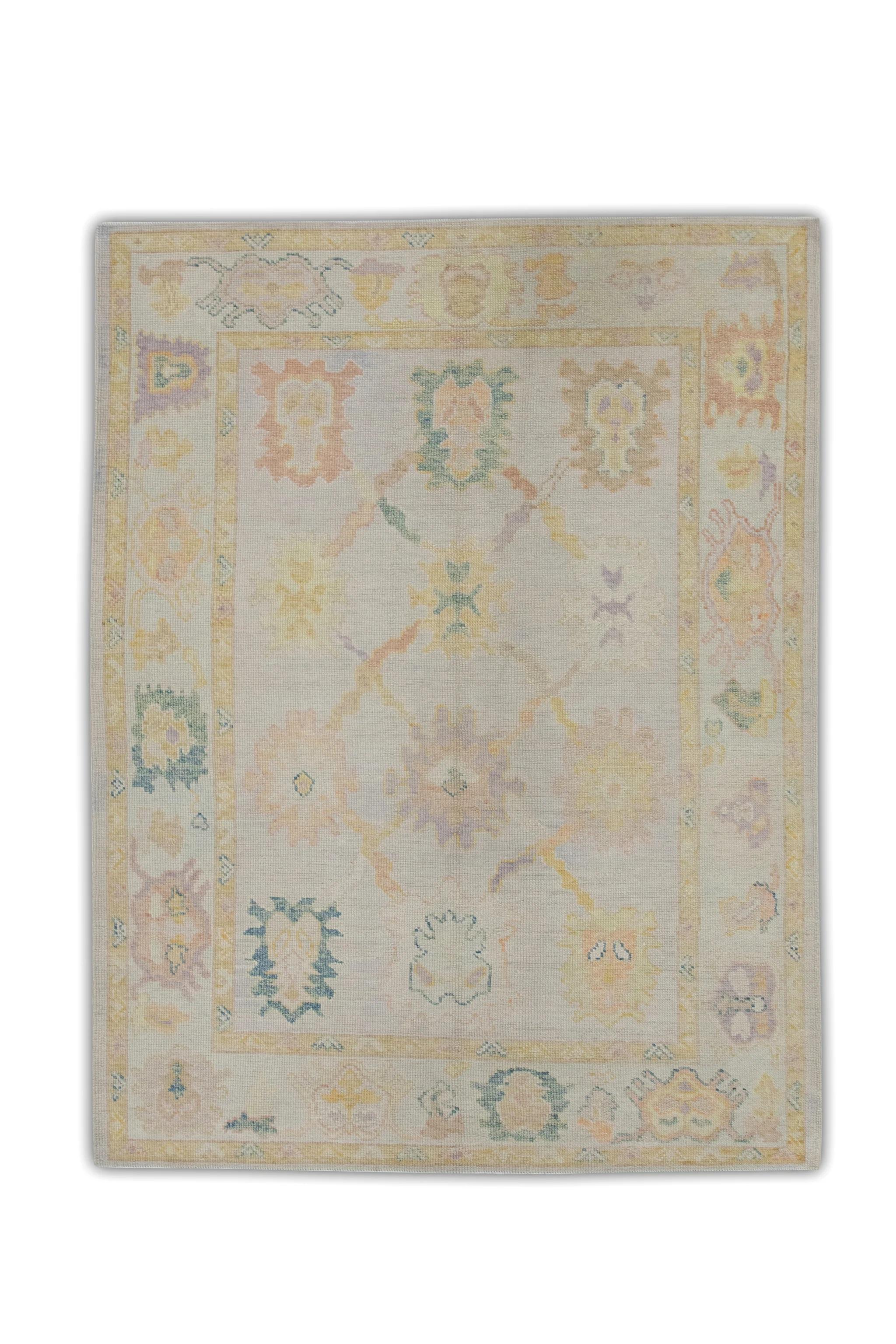 Colorful Pink Floral Handwoven Wool Turkish Oushak Rug 5'1