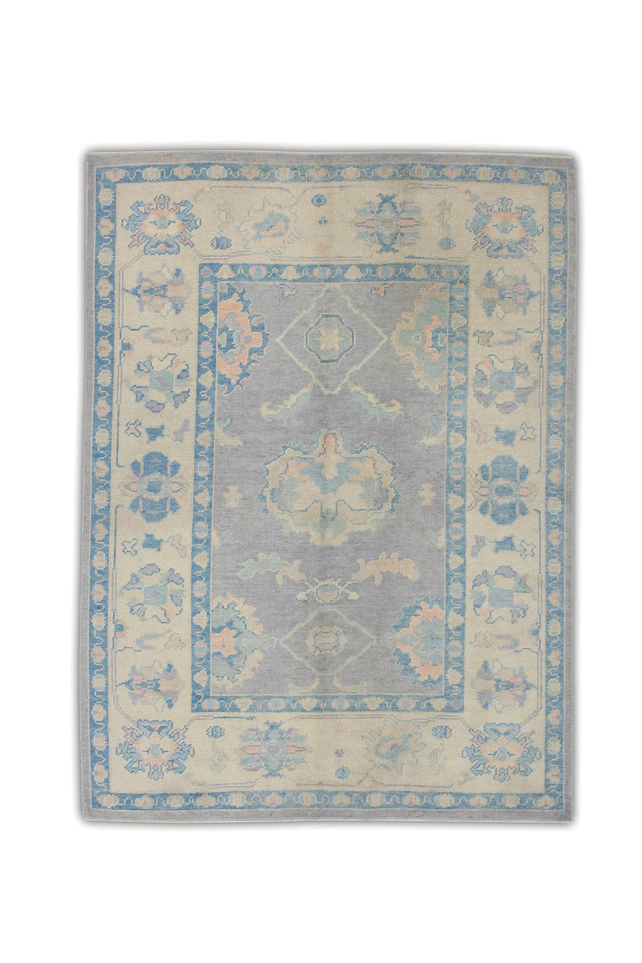 Purple and Blue Floral Handwoven Wool Turkish Oushak Rug 5'3