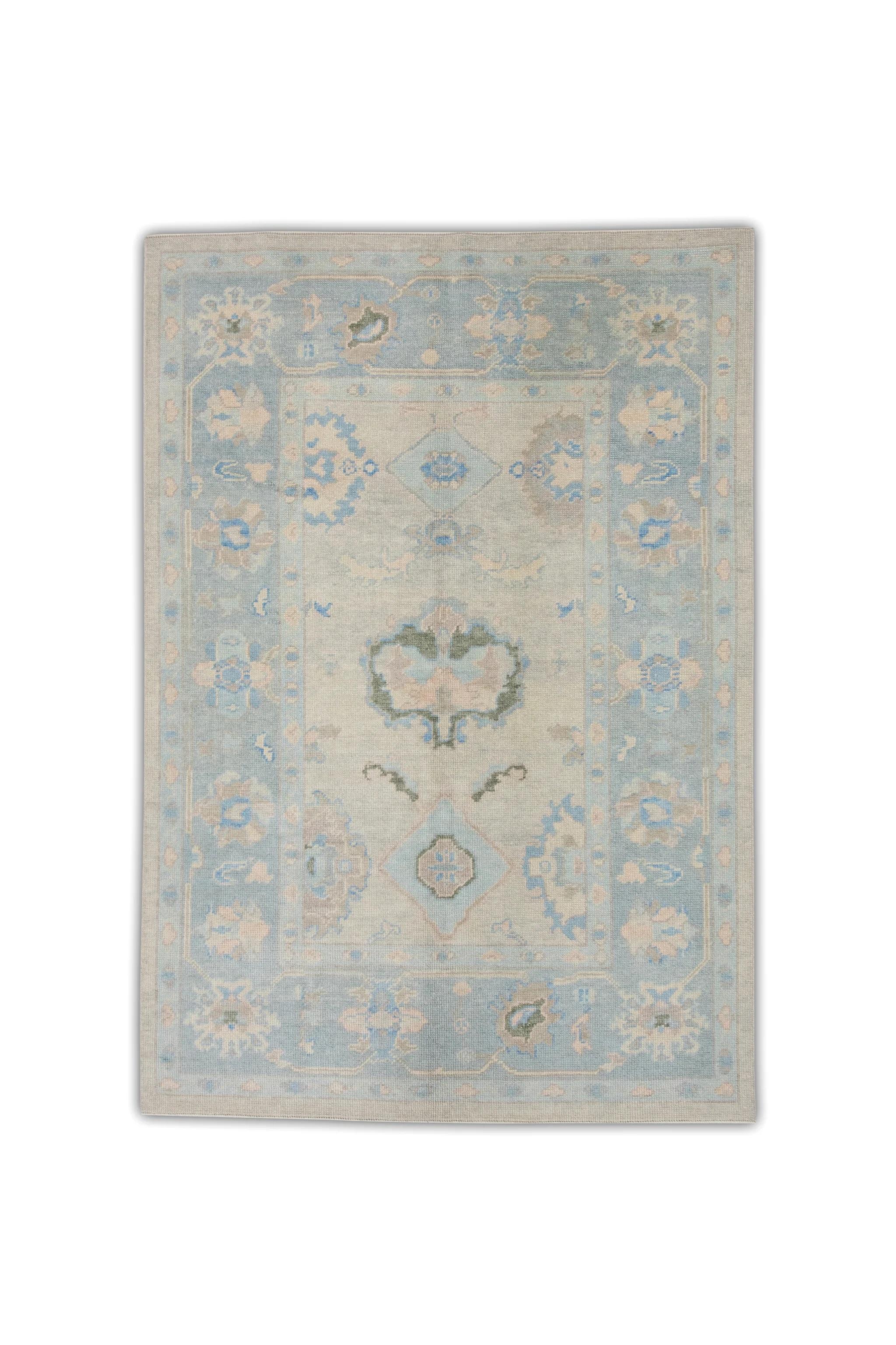 Blue and Pink Floral Handwoven Wool Turkish Oushak Rug 5'1