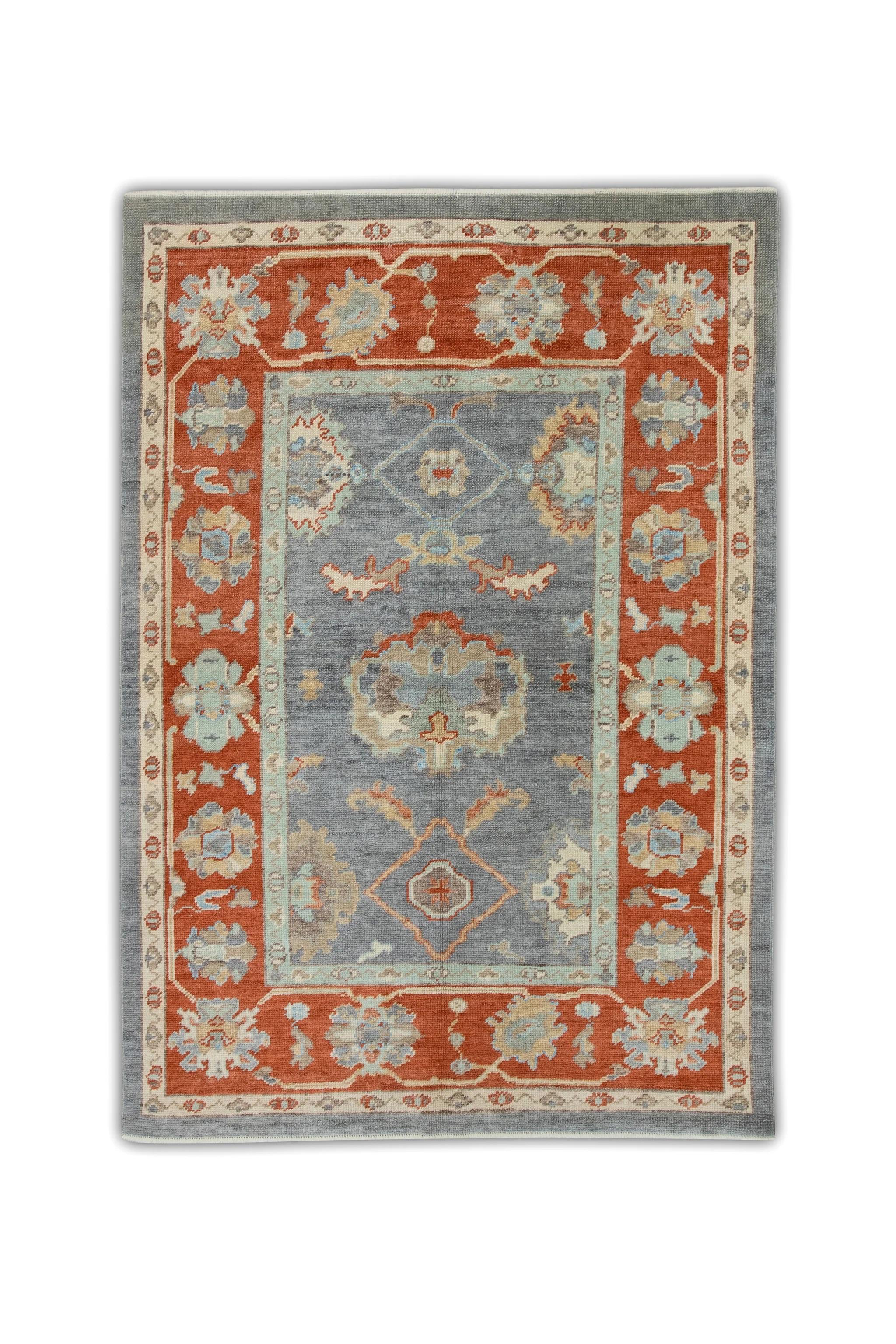 Red and Blue Floral Handwoven Wool Turkish Oushak Rug 4'10