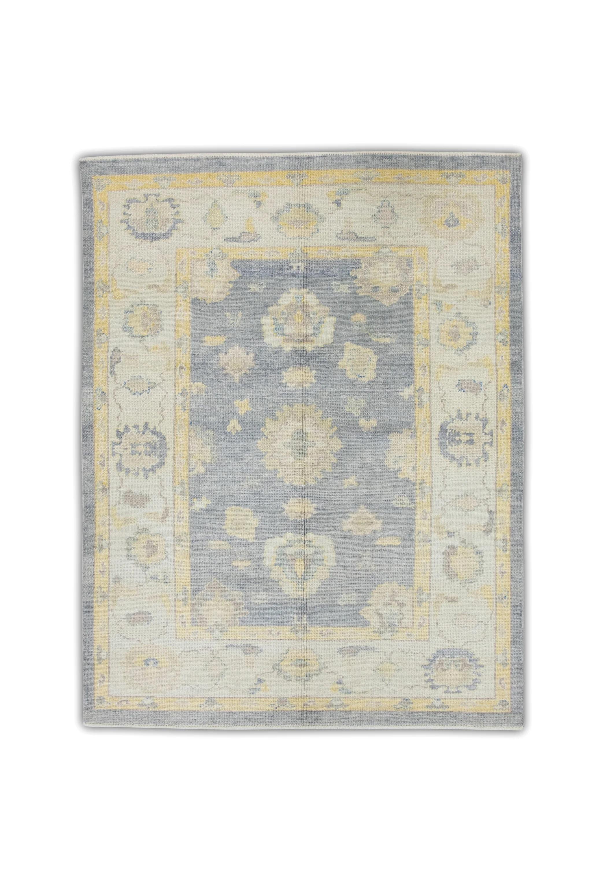 Gray and Yellow Floral Handwoven Wool Turkish Oushak Rug 5'2