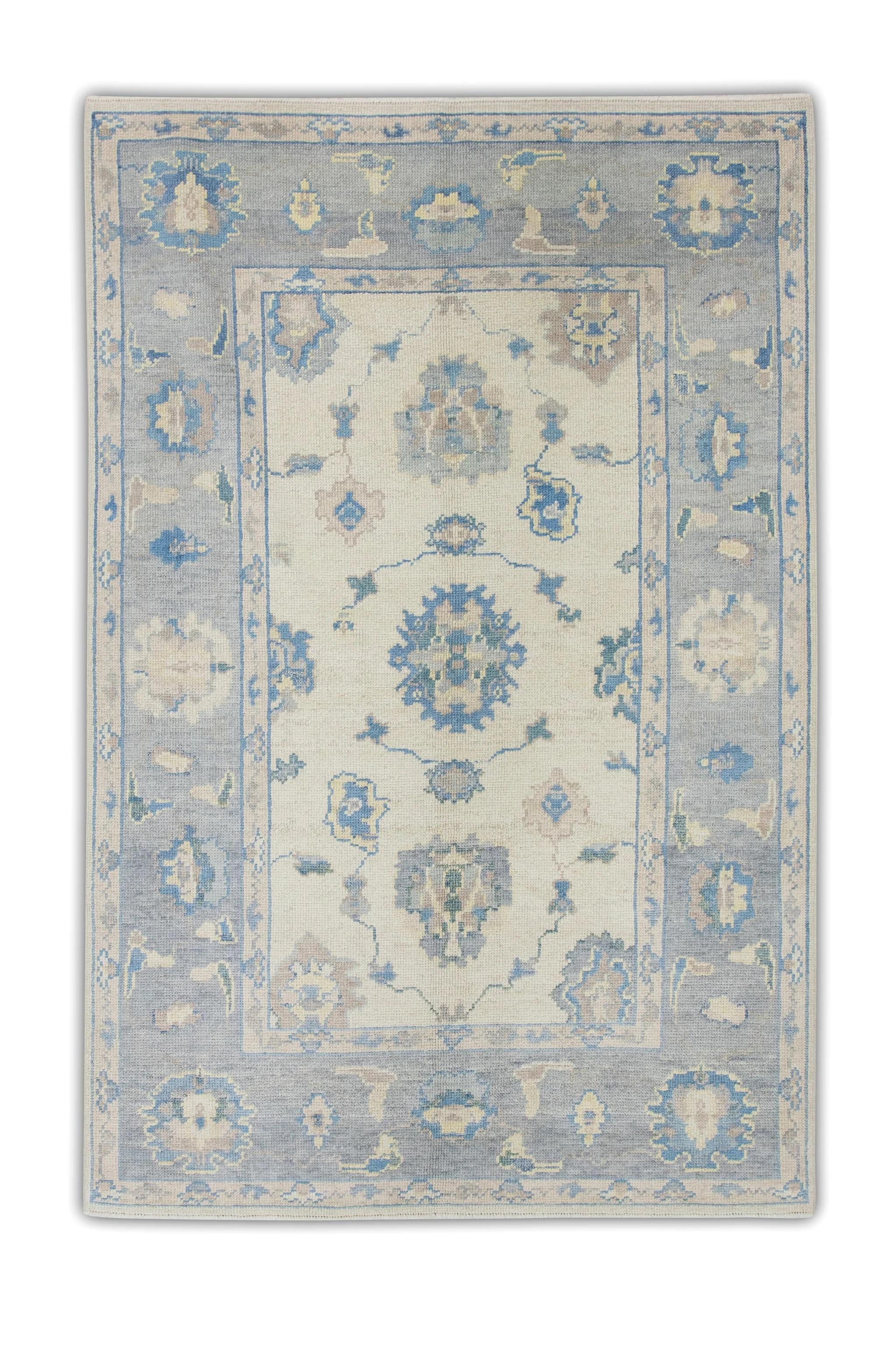 Blue Floral Handwoven Wool Turkish Oushak Rug 4'10