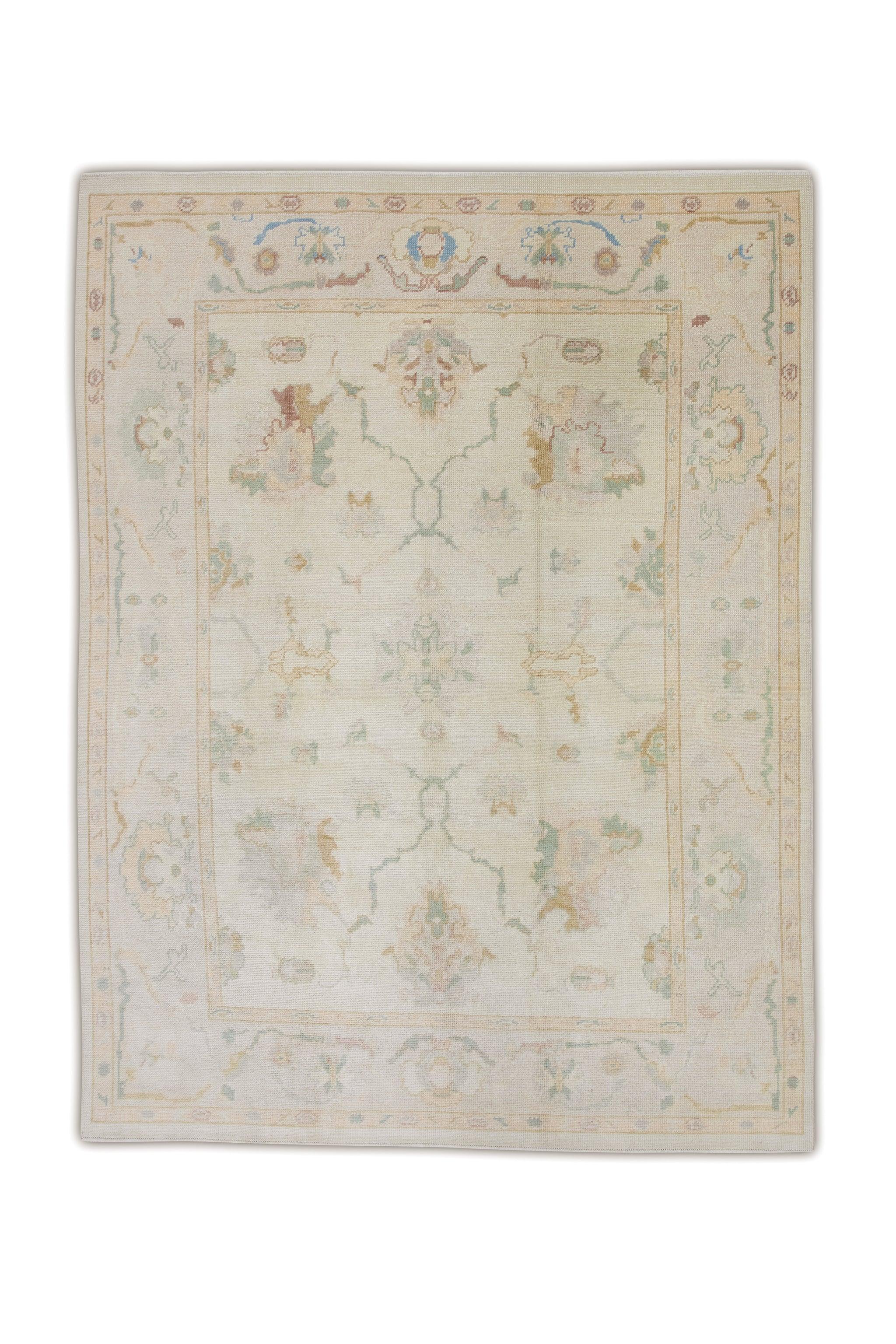 Handwoven Wool Floral Turkish Oushak Rug in Soft Pink, Green, Blue 6'10