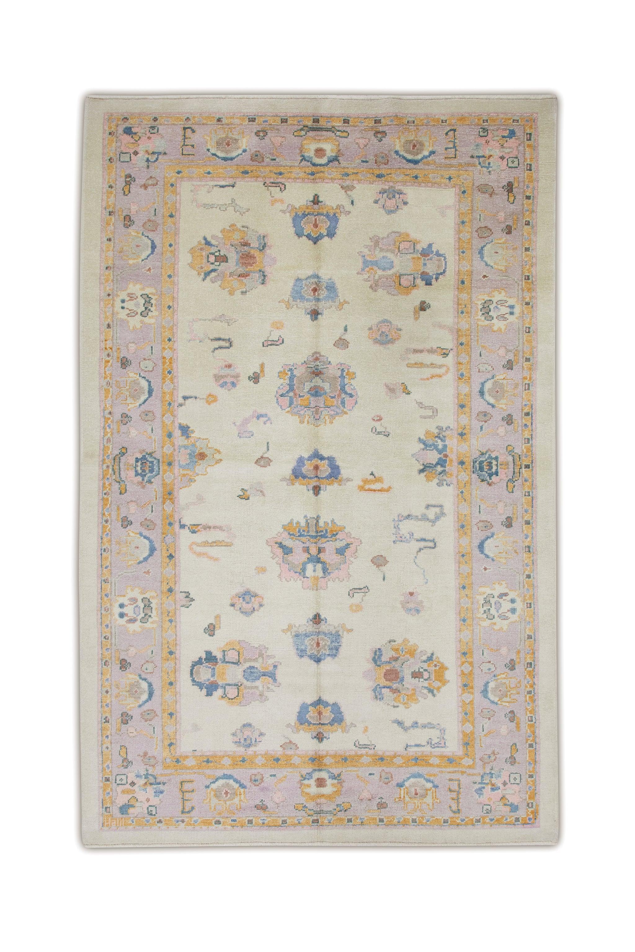 Lilac, Orange, and Blue Floral Handwoven Wool Turkish Oushak Rug 6'2