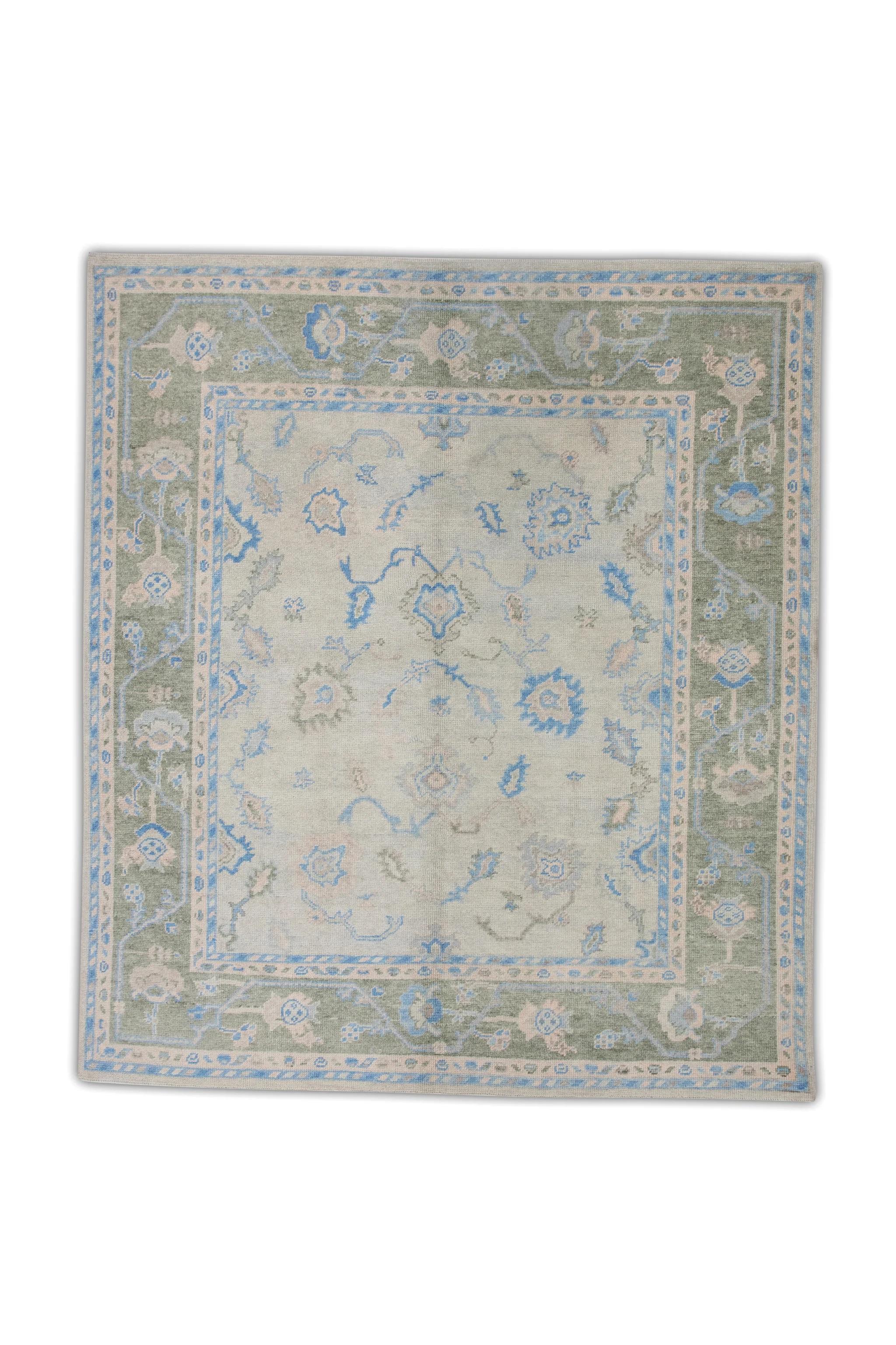 Green and Blue Floral Pattern Handwoven Wool Turkish Oushak Rug 6'10