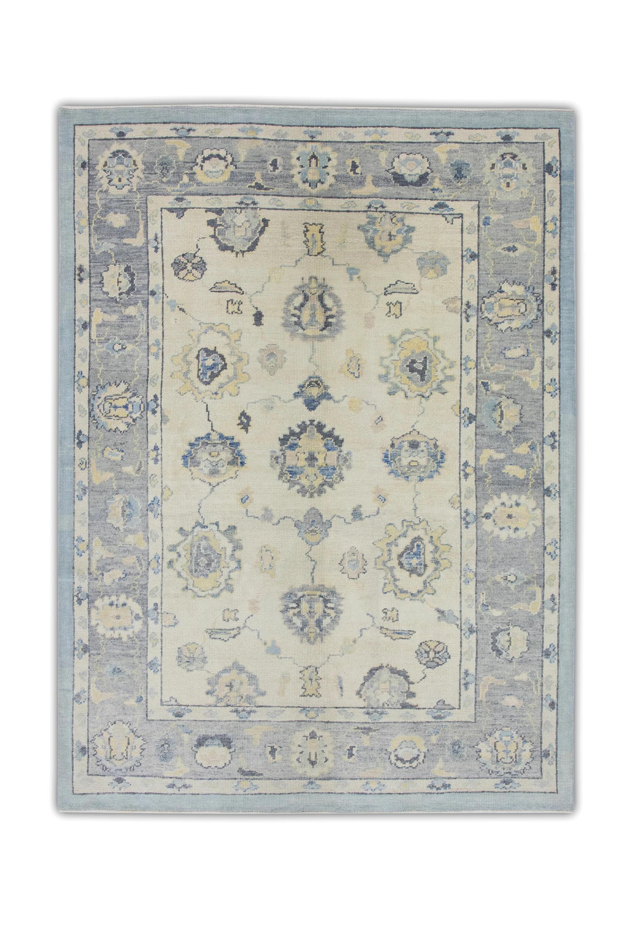 Laine Tapis turc Oushak en laine tissé à la main à motifs floraux bleus et crème 5'11