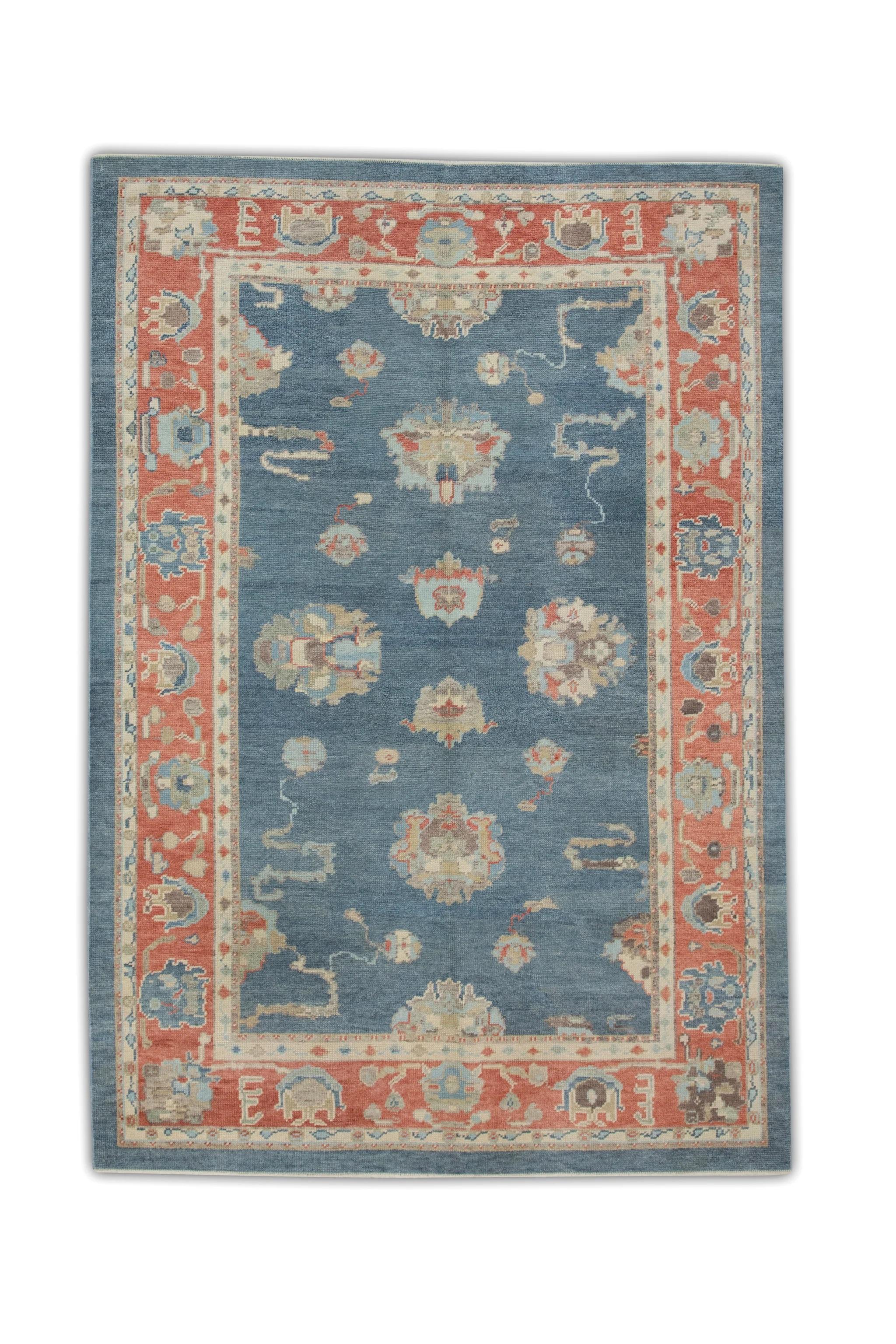 Red and Blue Floral Handwoven Wool Turkish Oushak Rug 6' x 8'6
