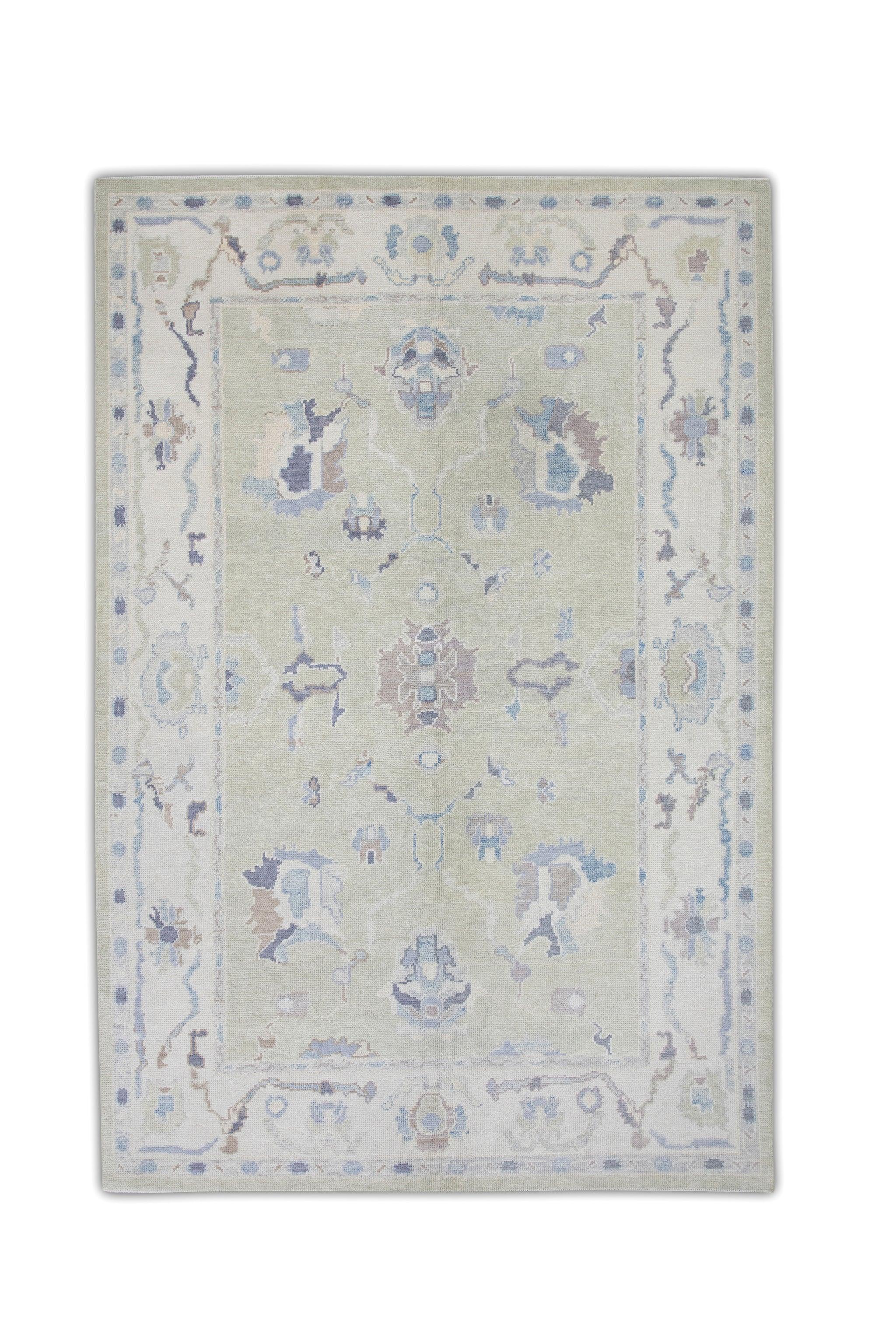 Pale Green Handwoven Wool Turkish Oushak Rug w/ Blue Floral Pattern 6'1