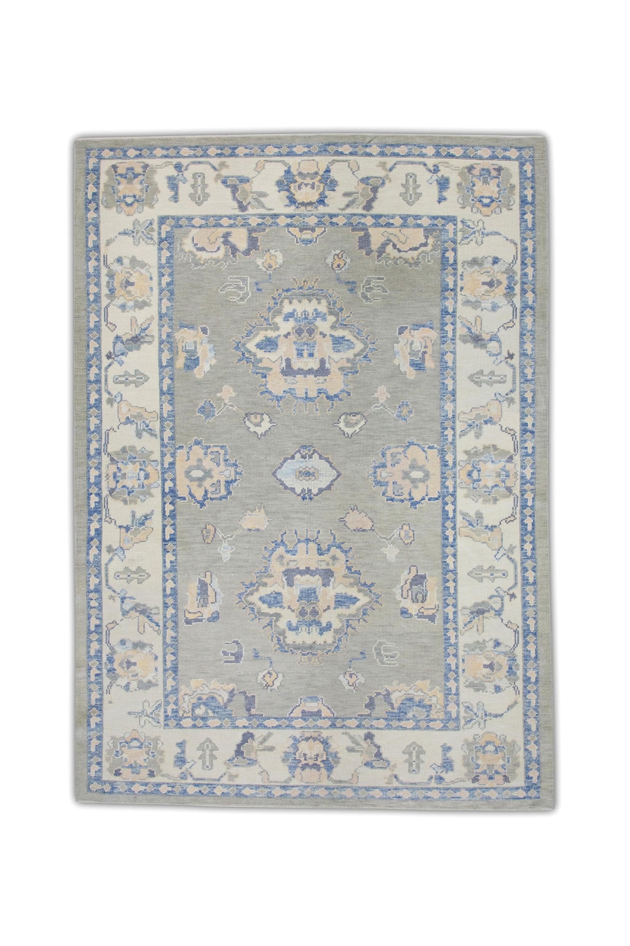 Green and Blue Floral Handwoven Wool Turkish Oushak Rug 6' x 8'4
