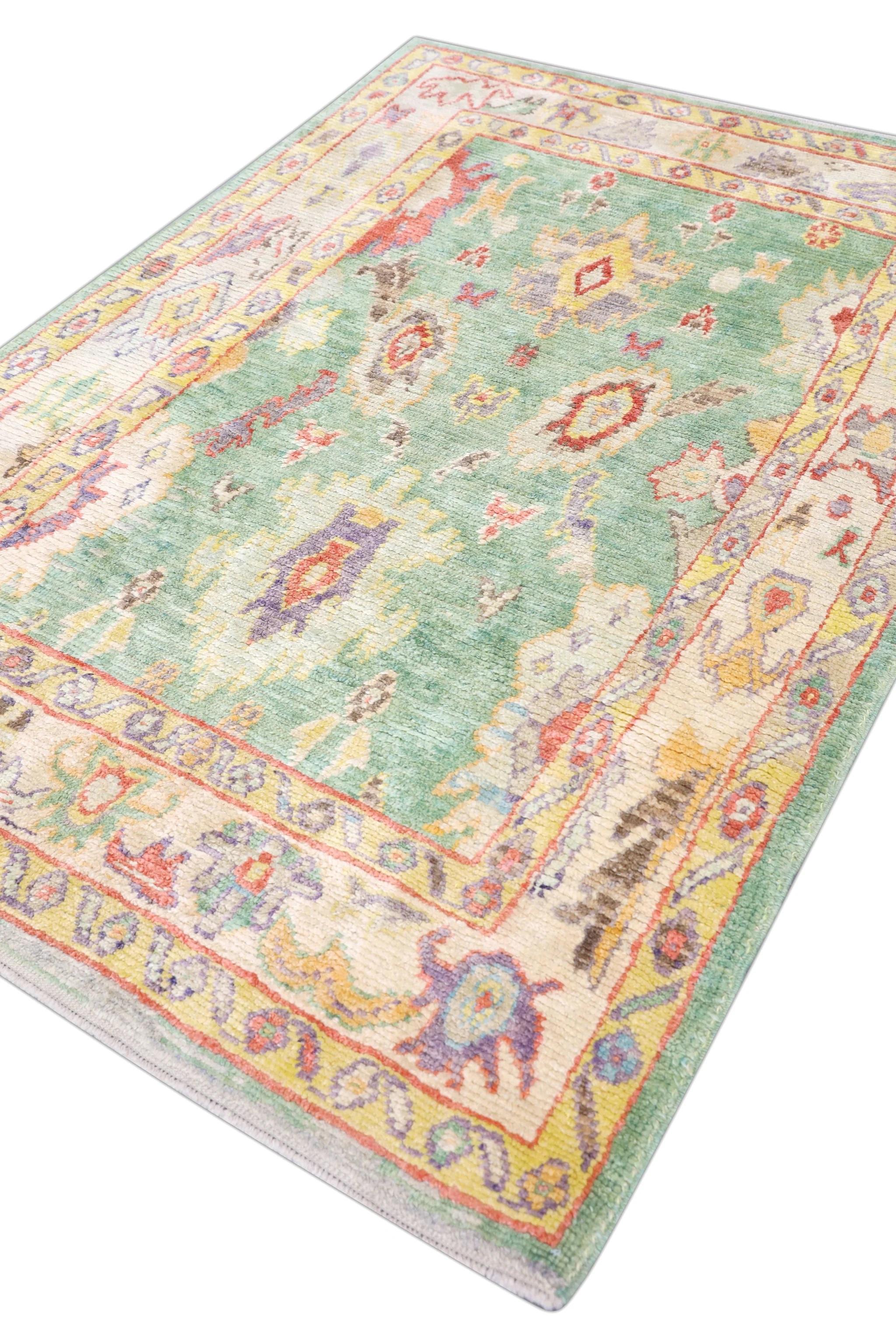 Green Handwoven Wool Turkish Oushak Rug with Colorful Floral Pattern 5'4