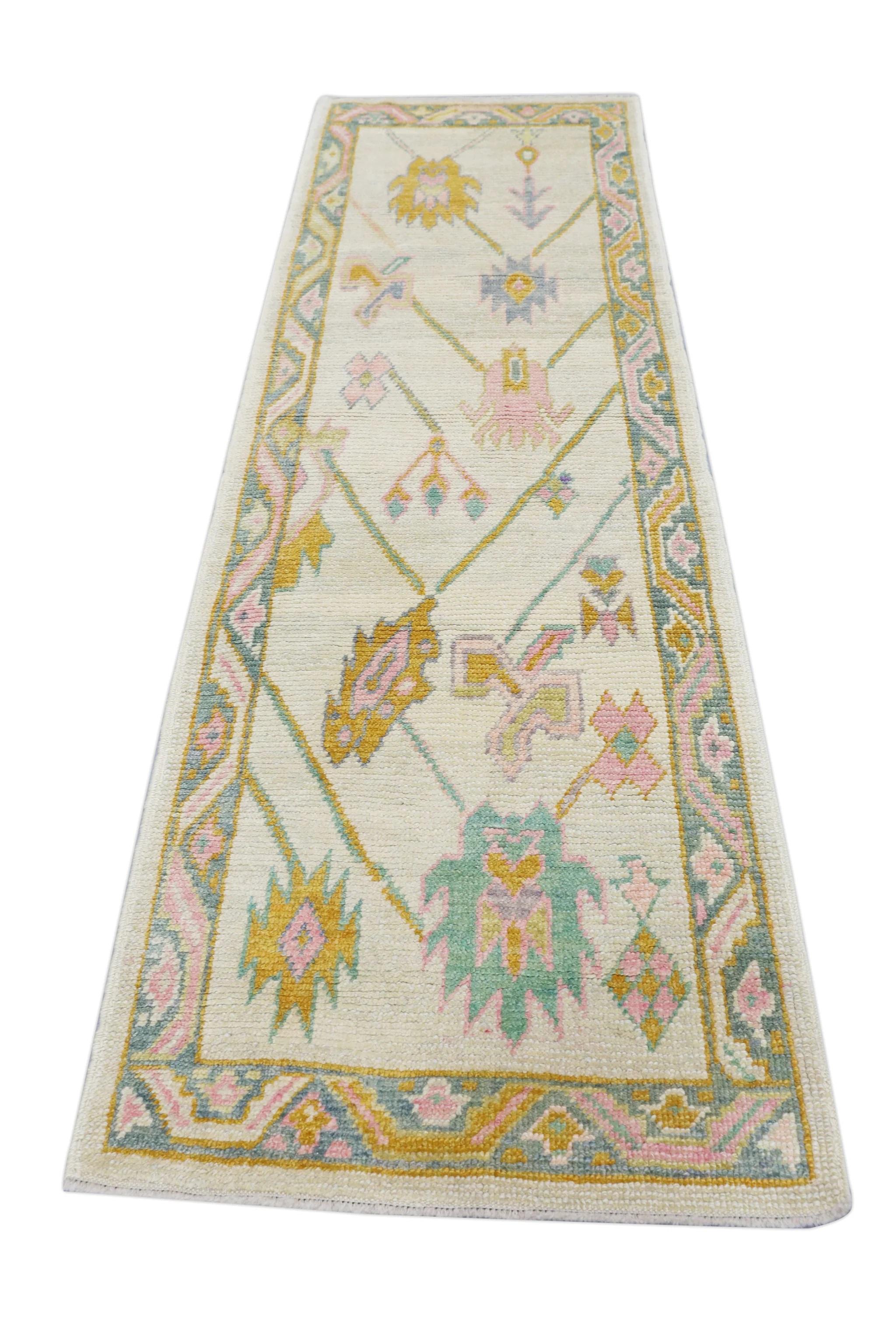 Handwoven Wool Turkish Oushak Rug in Colorful Geometric Floral Pattern 2'9 x 9'3 2