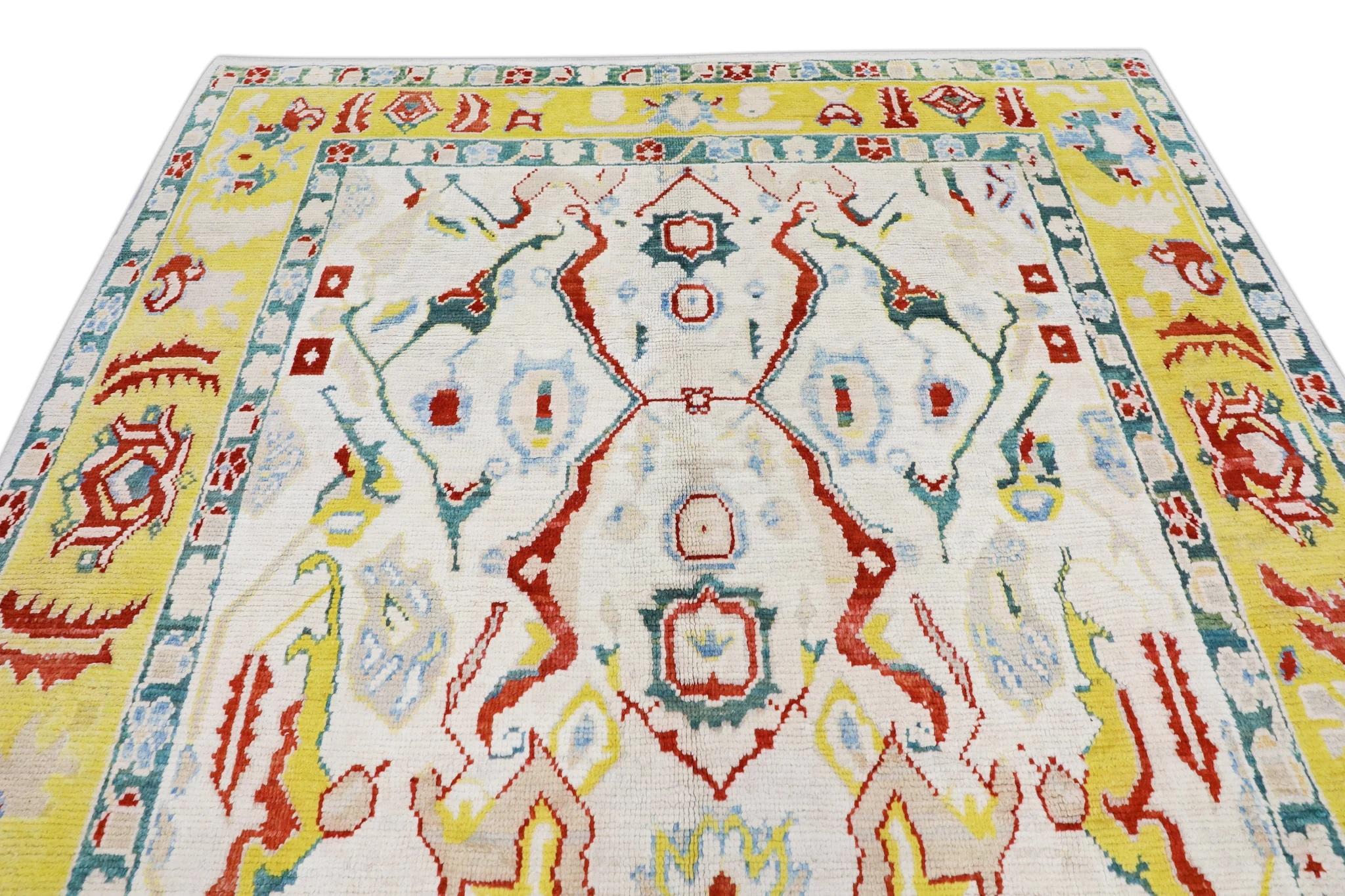 Handwoven Wool Floral Turkish Oushak Rug in Green, Yellow & Red 8'1