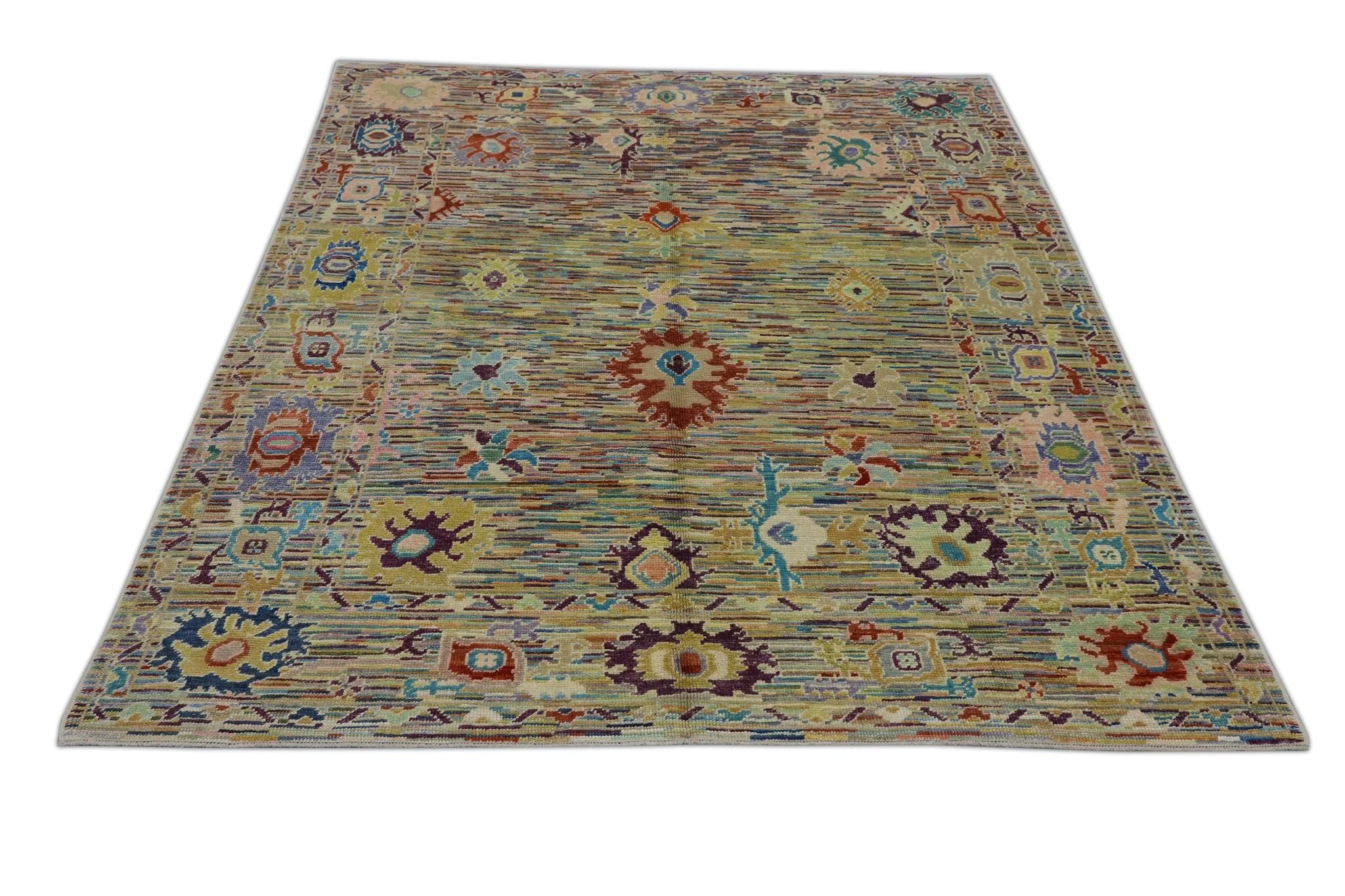 Handwoven Wool Turkish Oushak Rug in Colorful Geometric Floral Design 8' x 10'1