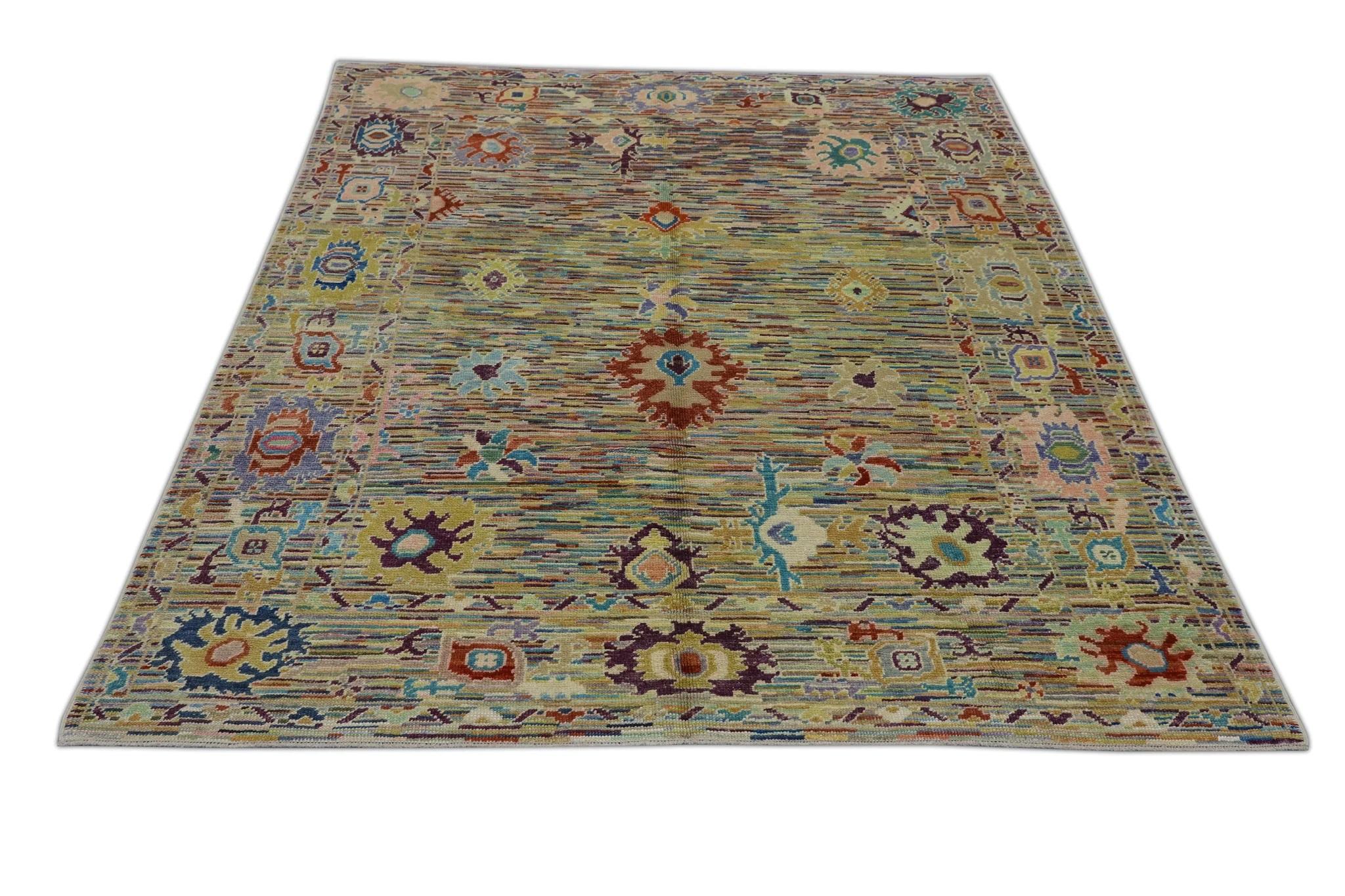 Handgewebter türkischer Oushak-Teppich aus Wolle in farbenfrohem, geometrischem, geblümtem Design 8' x 10'1