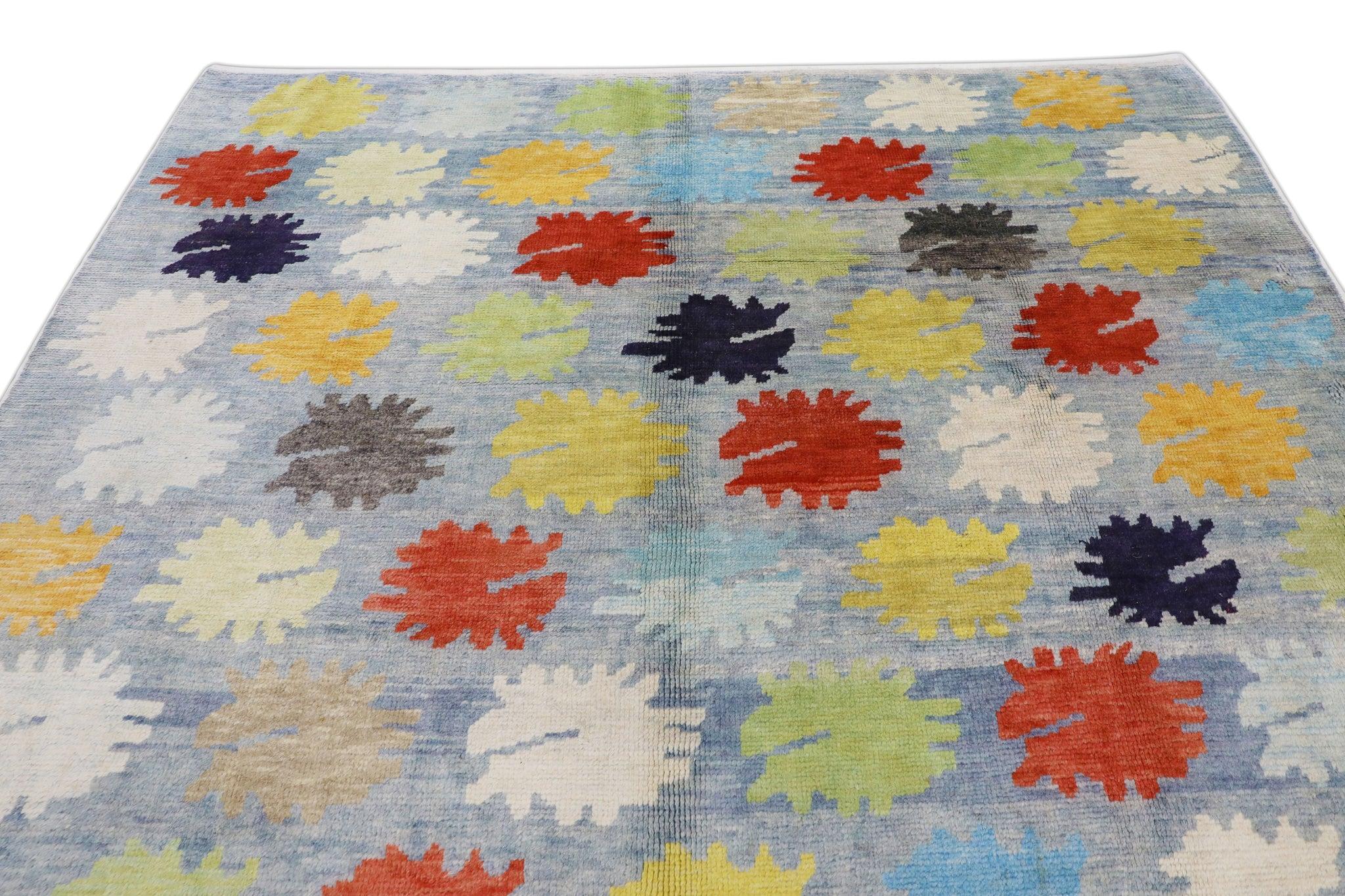 Blauer handgewebter türkischer Oushak-Teppich aus Wolle mit buntem Blumenmuster 8'2