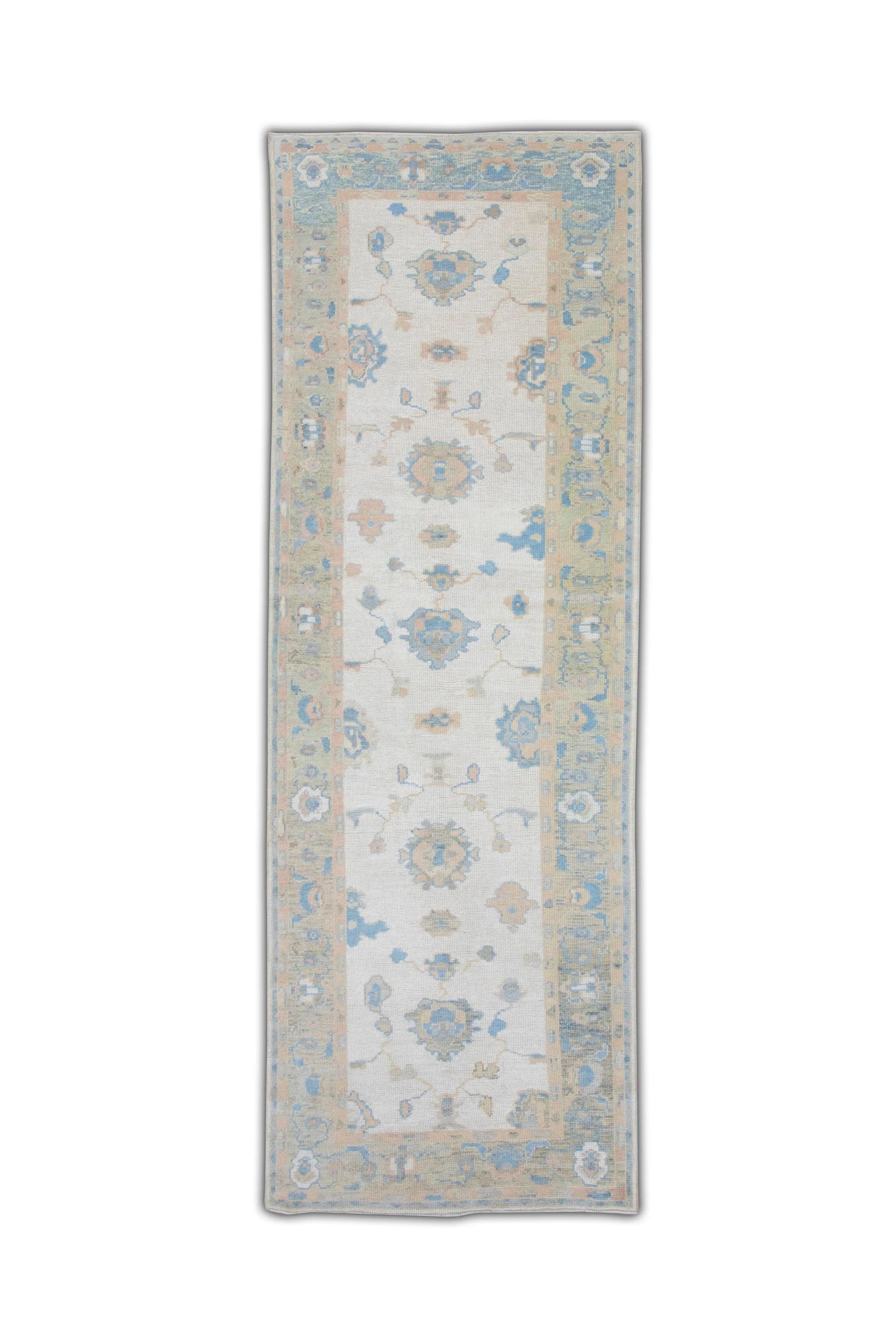 Floral Handwoven Wool Turkish Oushak Rug in Green and Blue 3'9