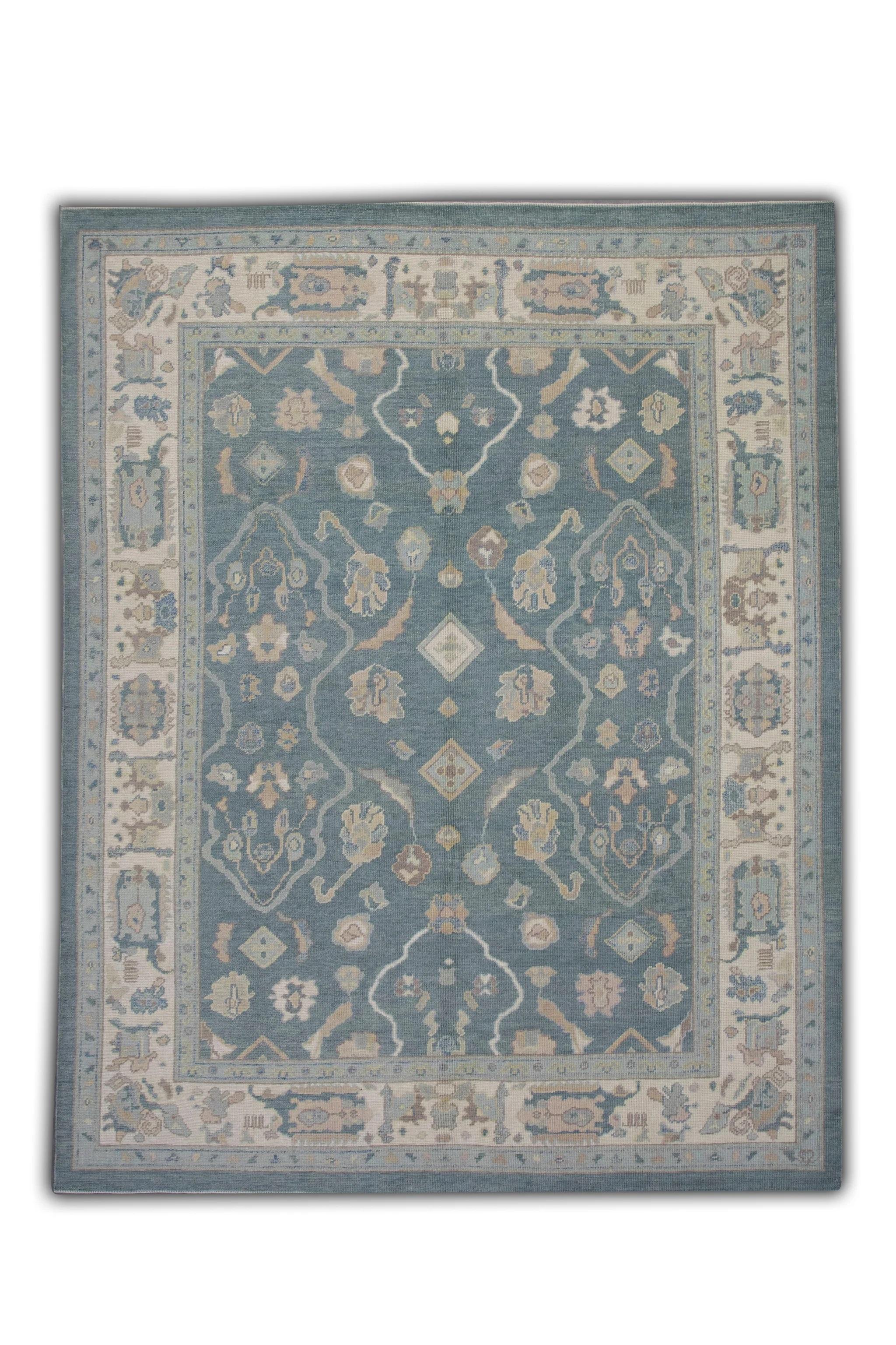 Handwoven Wool Floral Turkish Oushak Rug in Blue and Pink 8'2