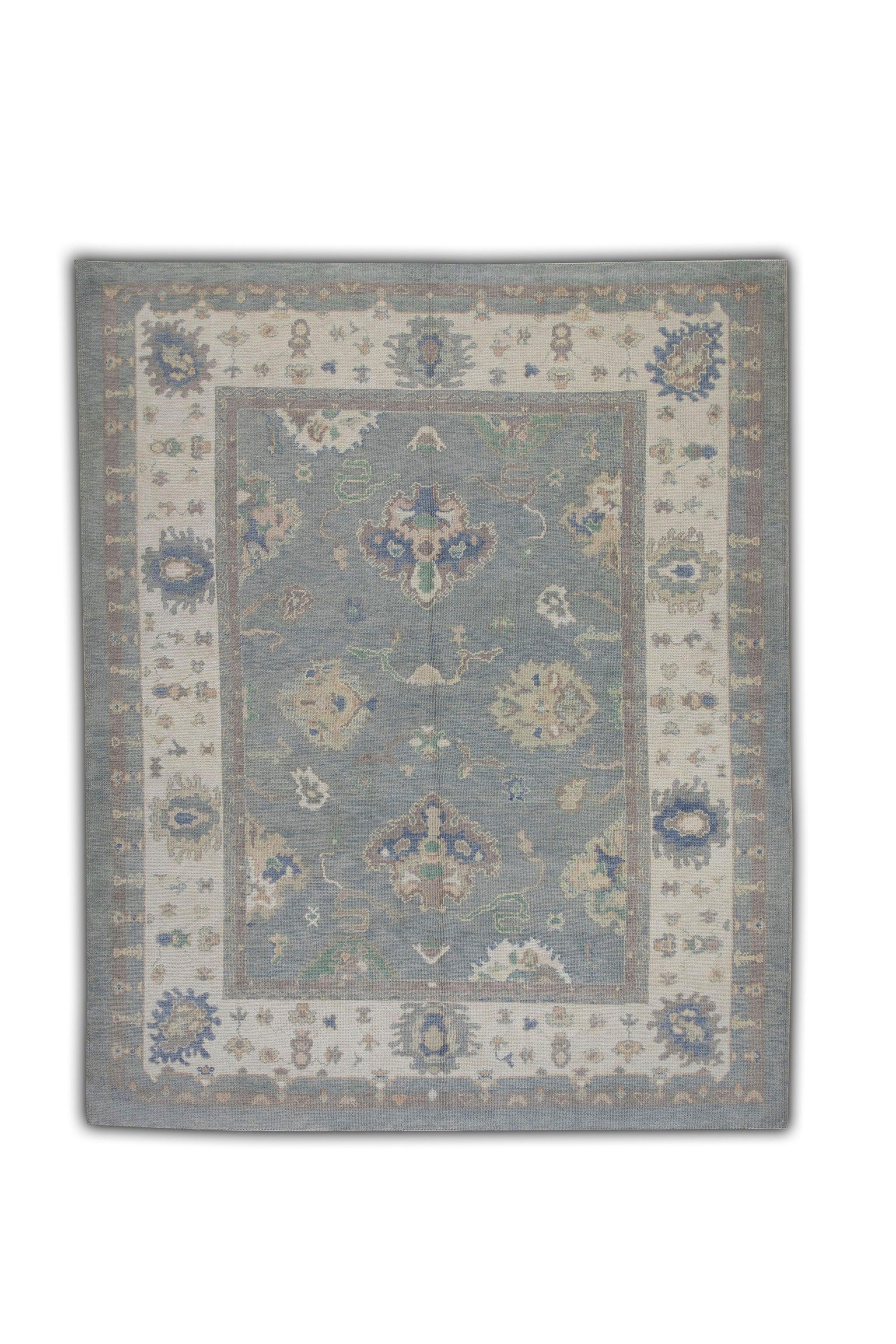 Blue Colorful Floral Pattern Handwoven Wool Turkish Oushak Rug 8'3