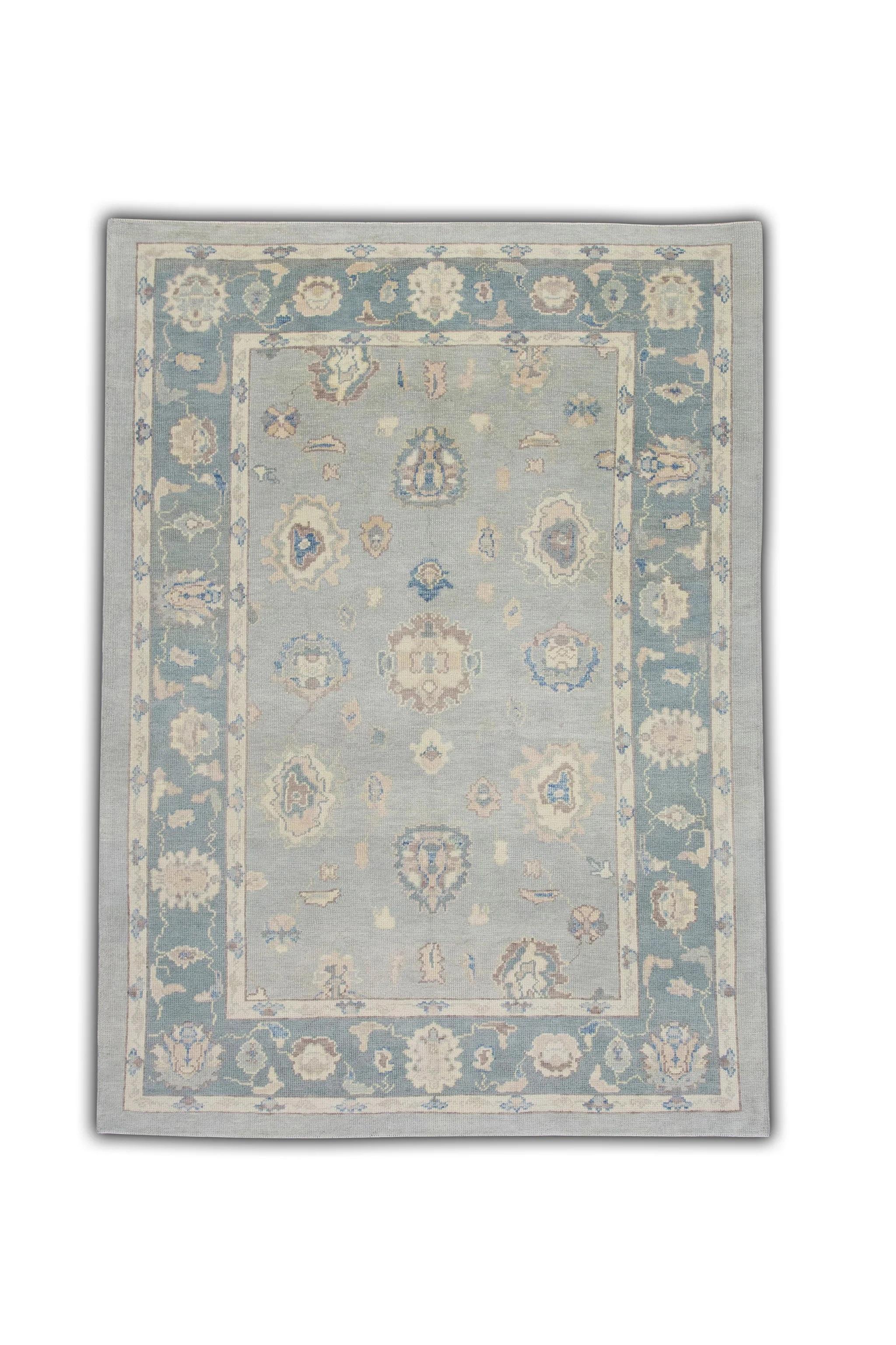 Türkischer Oushak-Teppich aus handgewebter Wolle in Blau mit Blumenmuster, 6'6