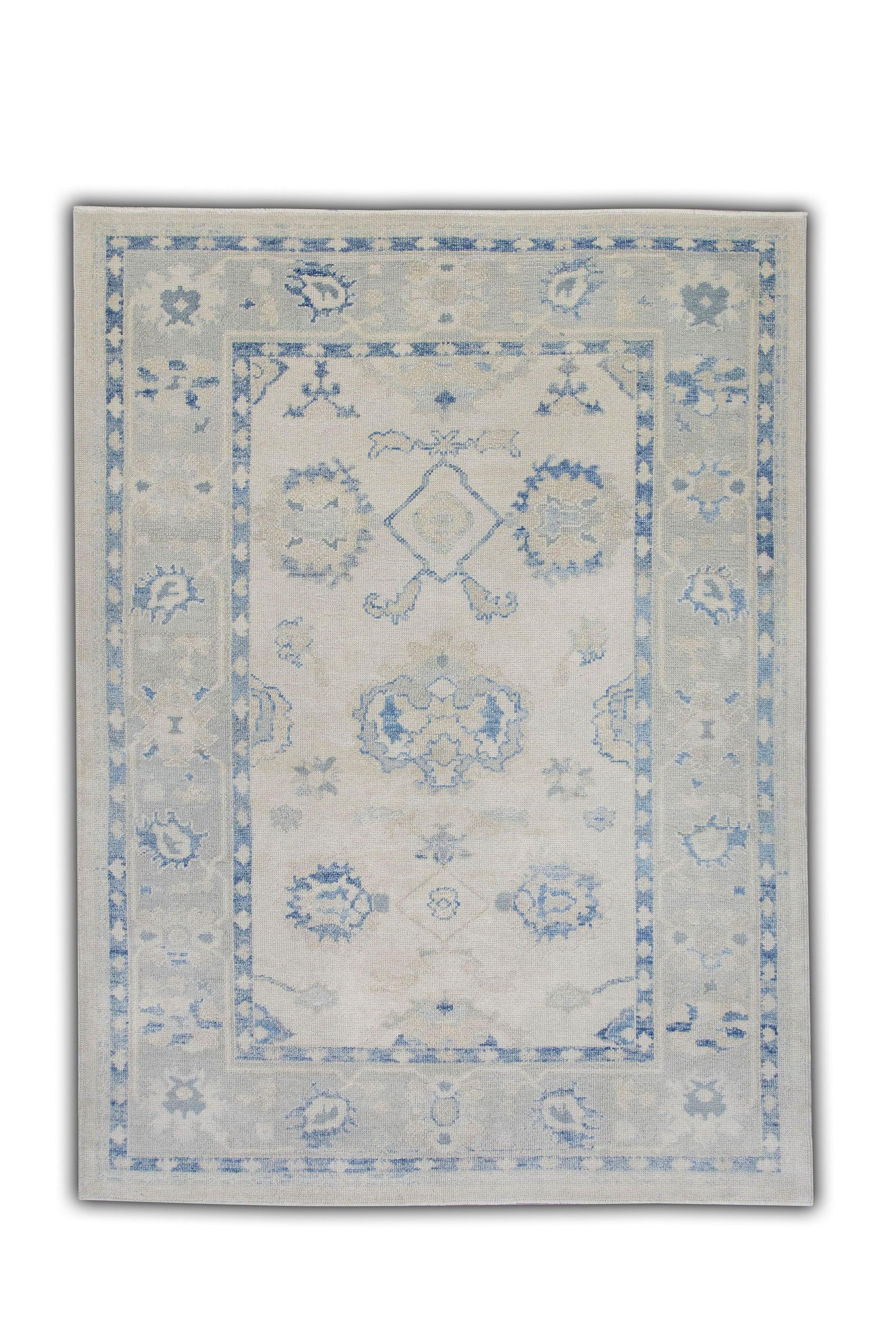 Floral Handwoven Wool Turkish Oushak Rug in Cream and Blue 6'2