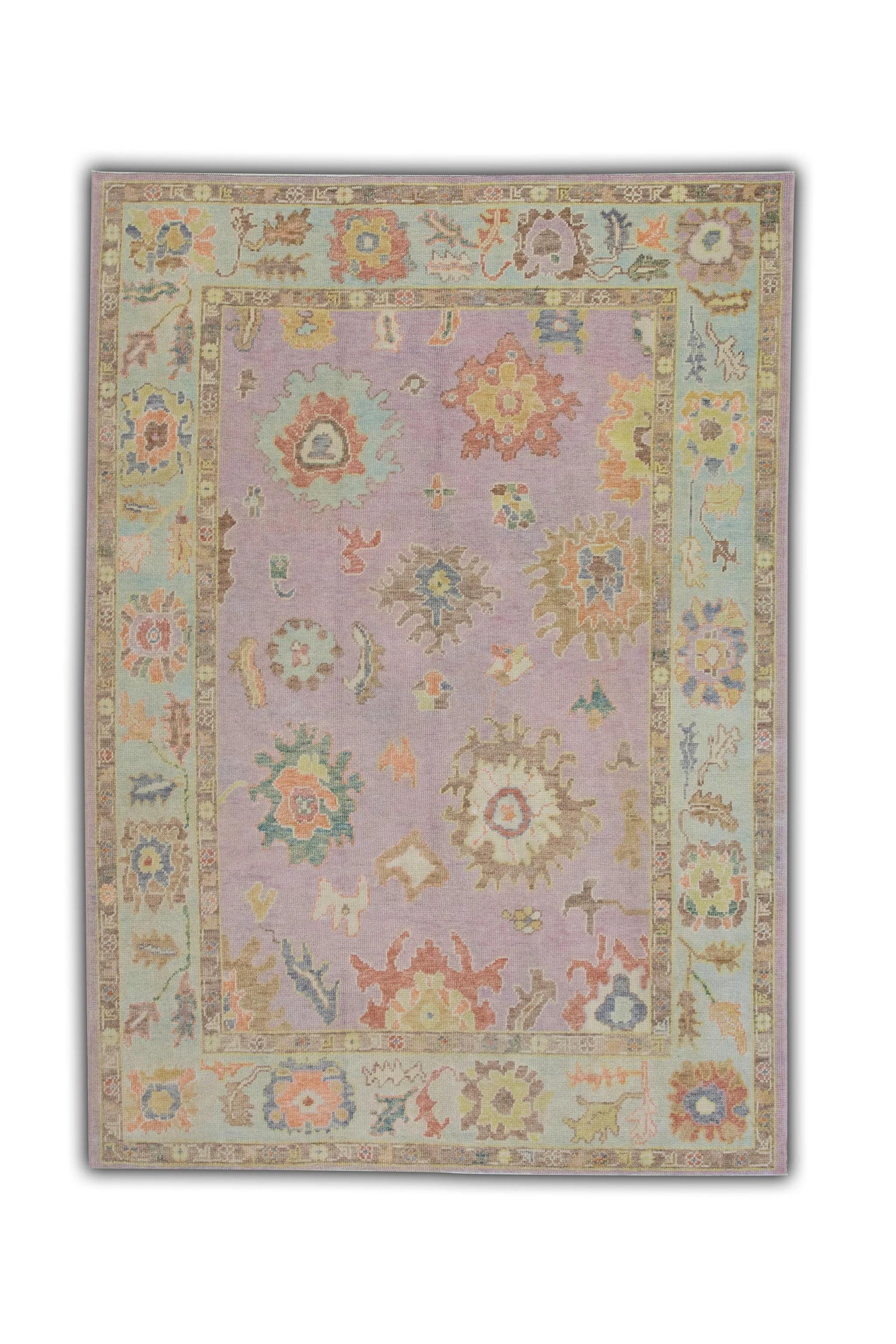 Pink Colorful Floral Handwoven Wool Turkish Oushak Rug 6'3