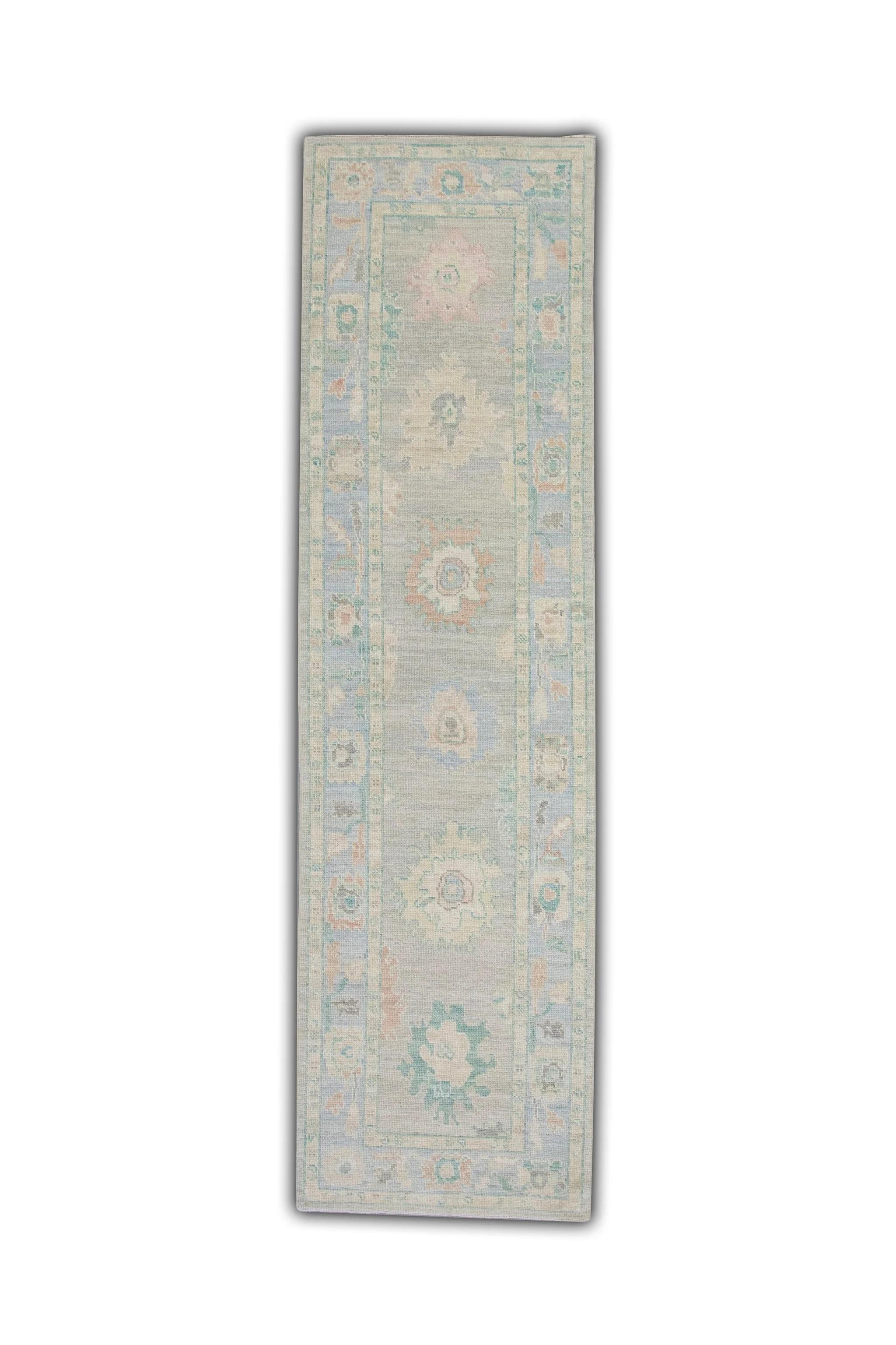 Lana Tappeto Oushak turco in lana intrecciata a mano con motivi floreali colorati blu 2'11