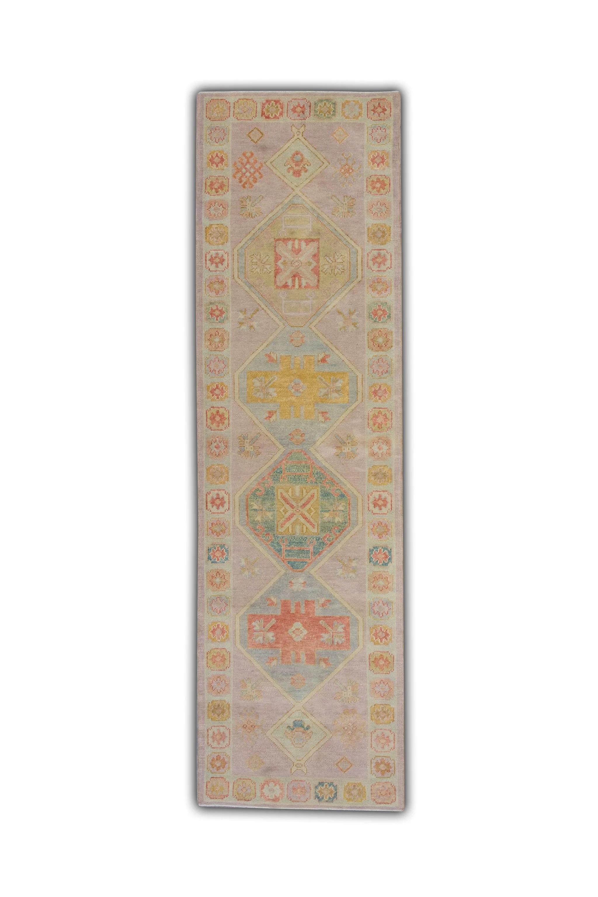 Soft Pink Geometric Medallion Handwoven Wool Turkish Oushak Rug 3'1