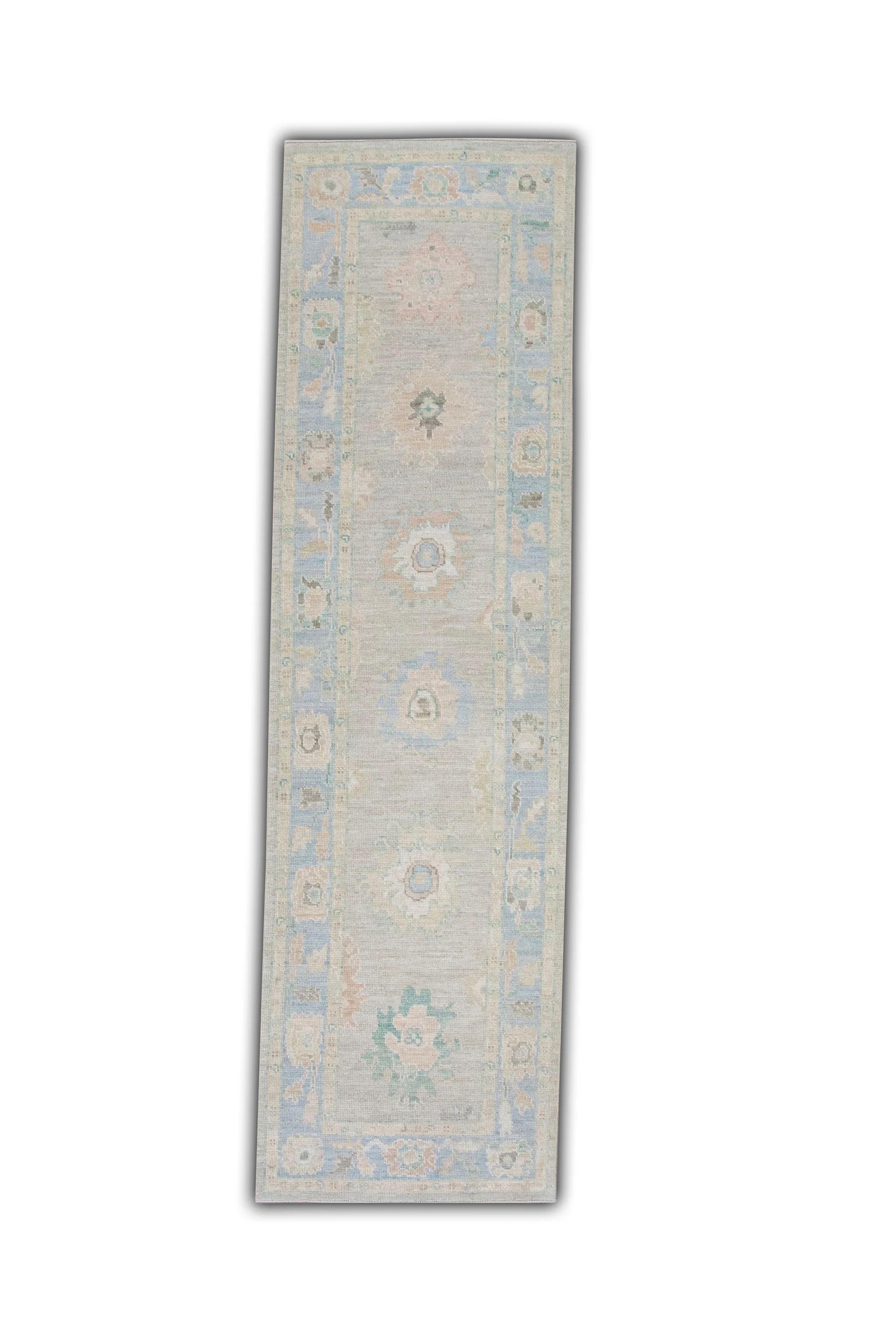Blue w/ Multicolor Floral Design Handwoven Wool Turkish Oushak Rug 3' x 10'3