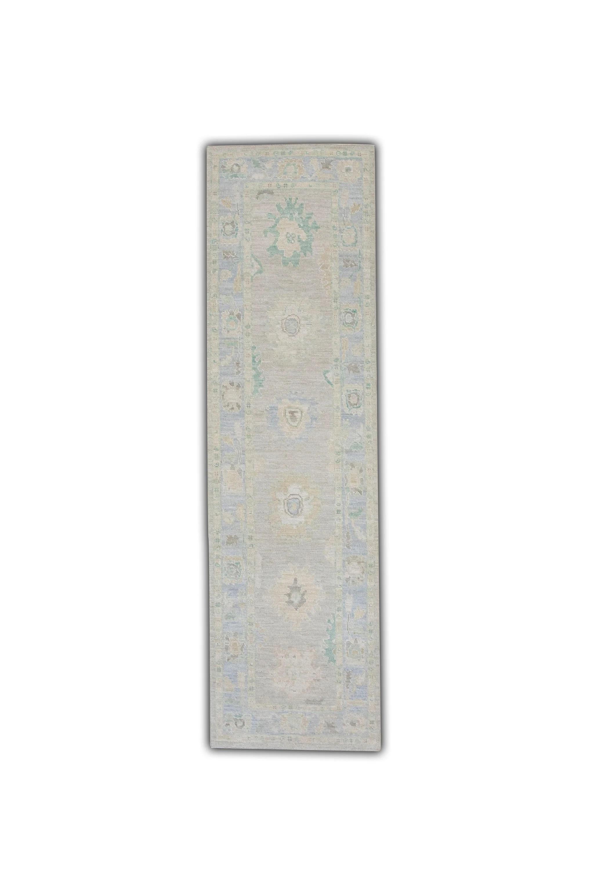 Laine Tapis d'Oushak turc en laine bleu à fleurs tissé à la main, 3' x 10'4