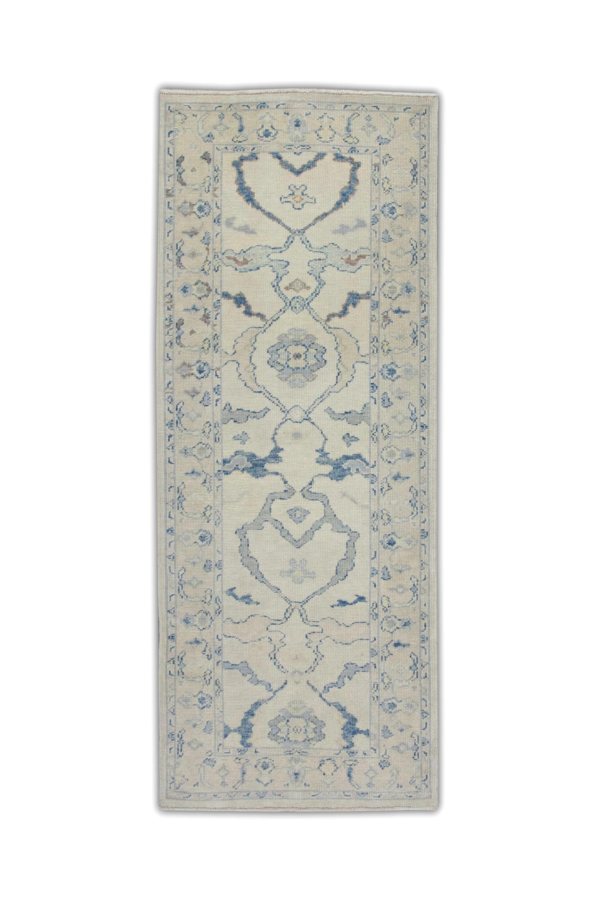 Cream and Blue Floral Handwoven Wool Turkish Oushak Rug 3'1