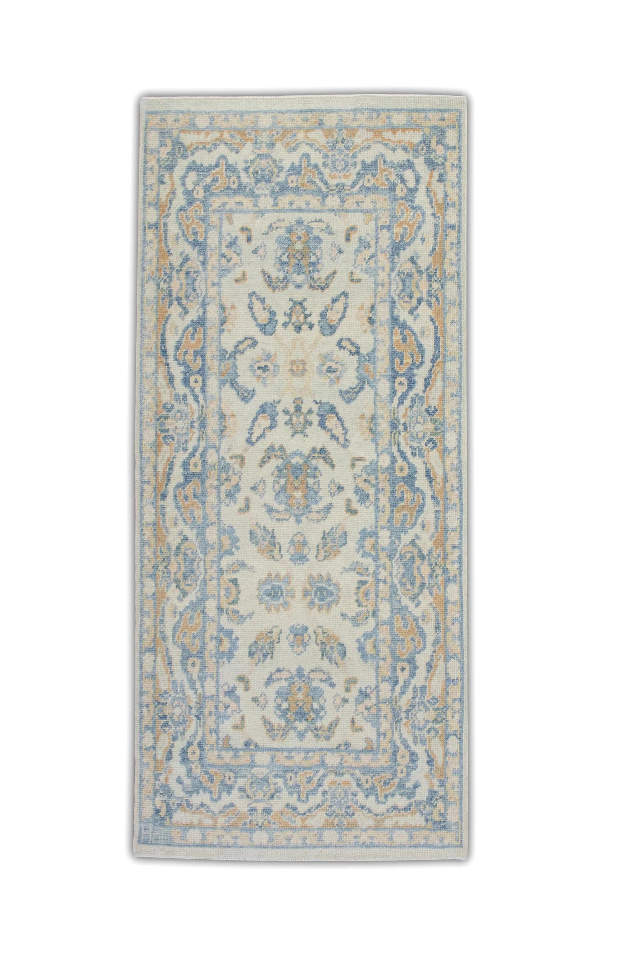 Blue and Yellow Floral Handwoven Wool Turkish Oushak Rug 3'2
