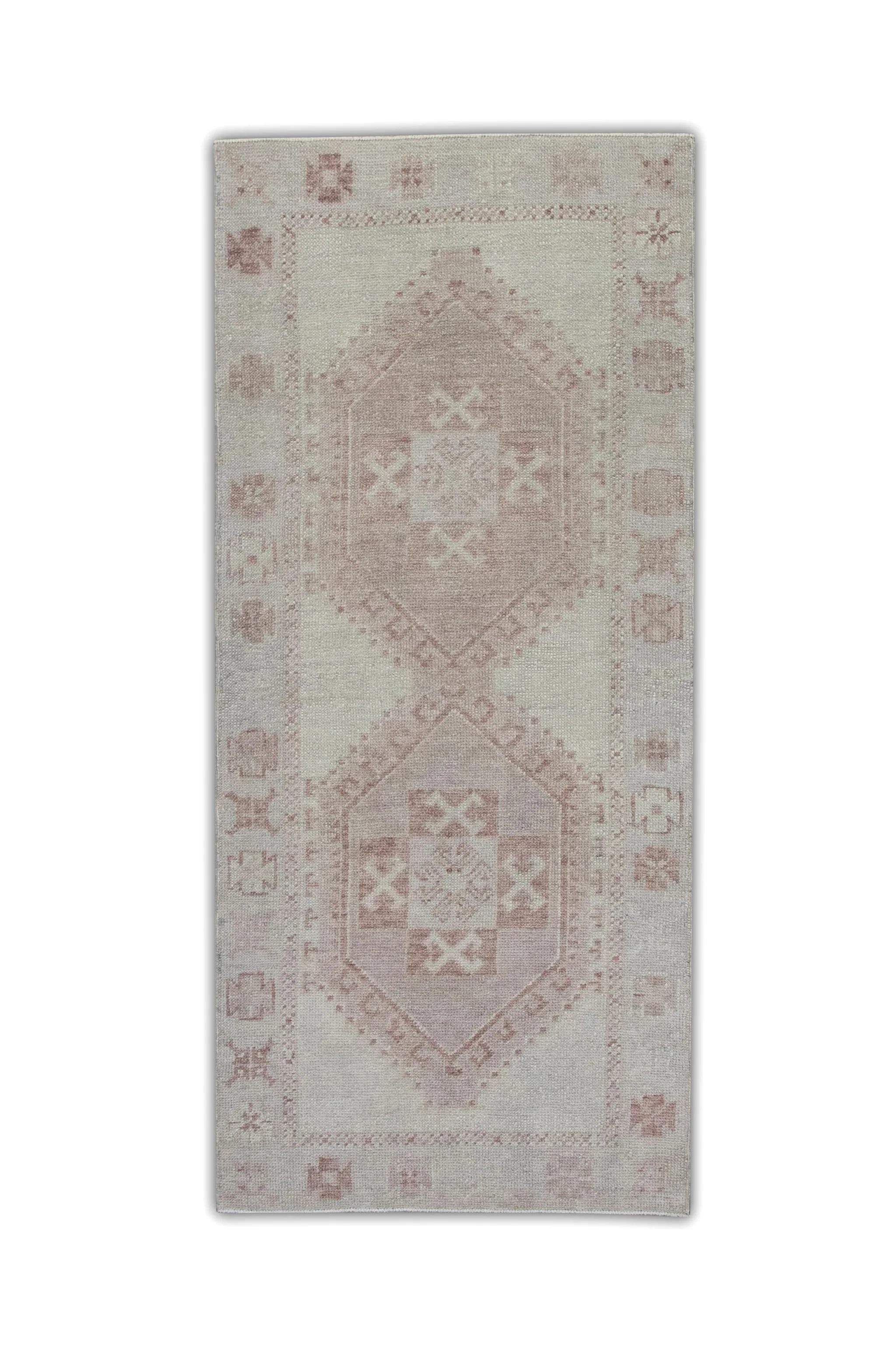 Pink and Beige Geometric Medallion Handwoven Wool Turkish Oushak Rug 3' x 6'3