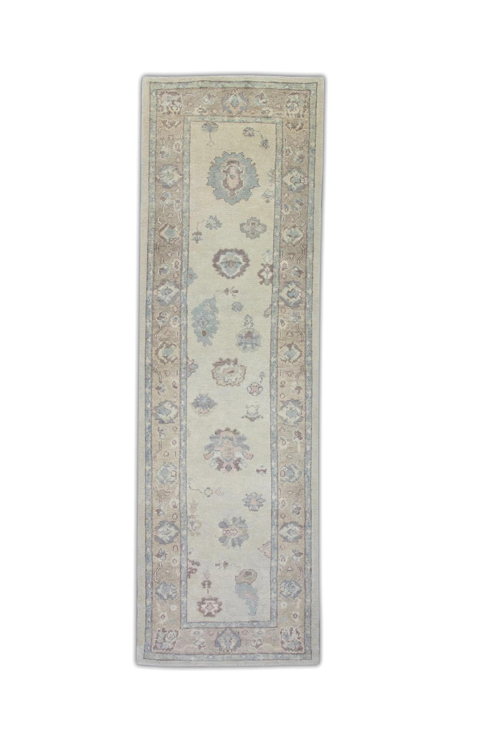 Cream, Blue, and Purple Floral Handwoven Wool Turkish Oushak Rug 3'2