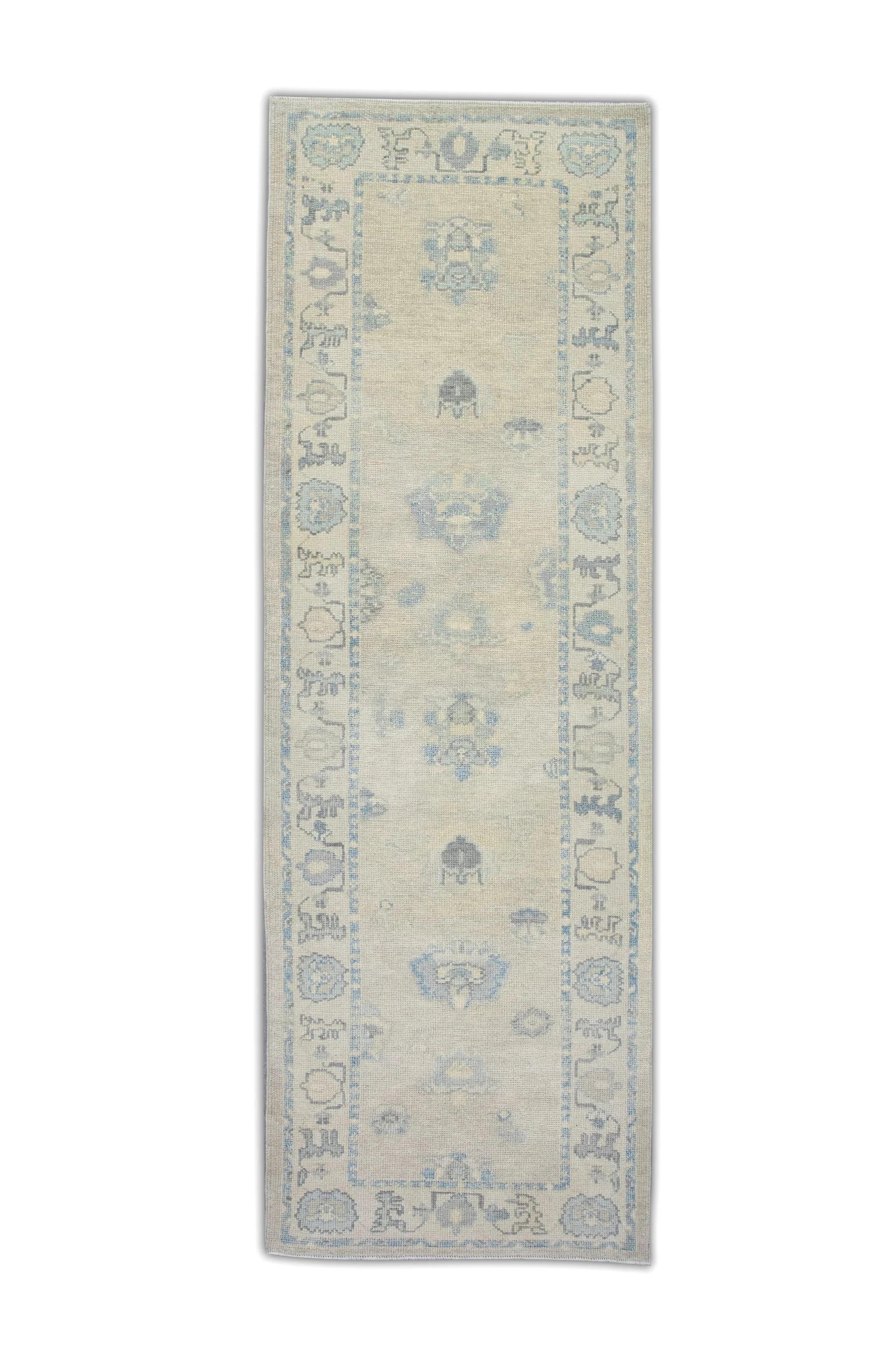 Floral Handwoven Wool Turkish Oushak Rug in Cream and Soft Blue 3'2