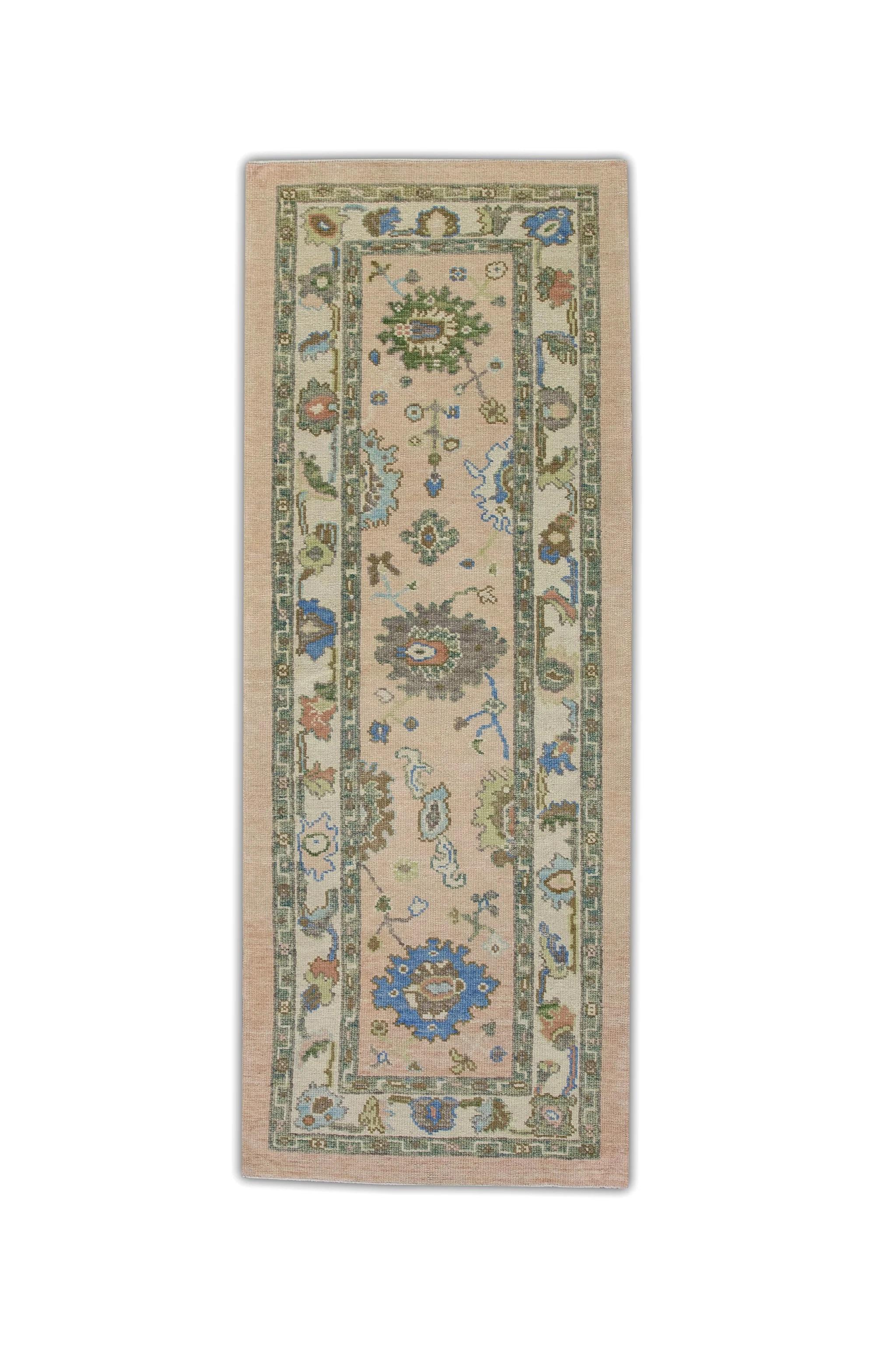 Pale Pink, Green, and Blue Floral Handwoven Wool Turkish Oushak Rug 2'11
