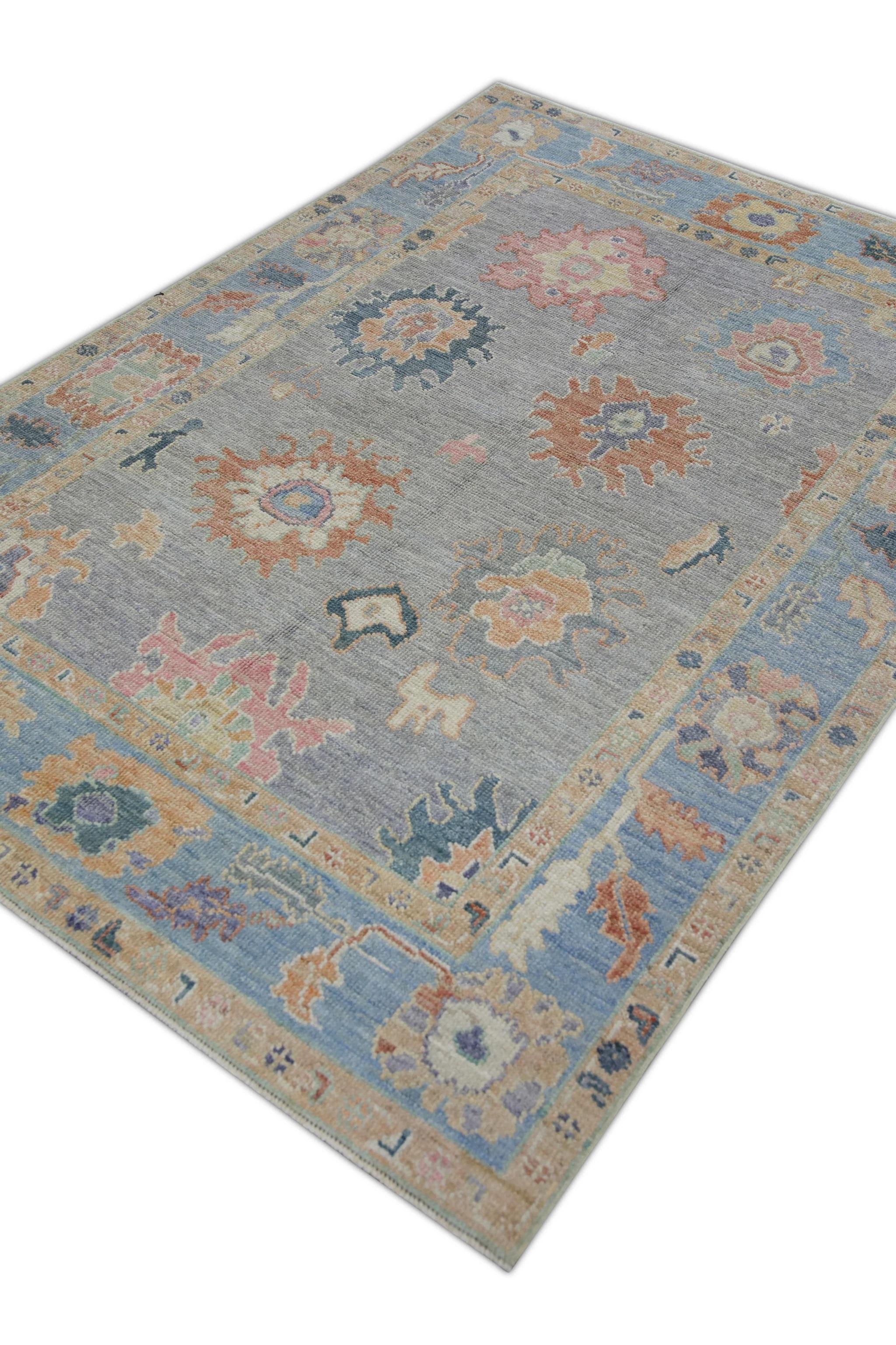 Blue Handwoven Wool Turkish Oushak Rug with Floral Design 5' x 6'11