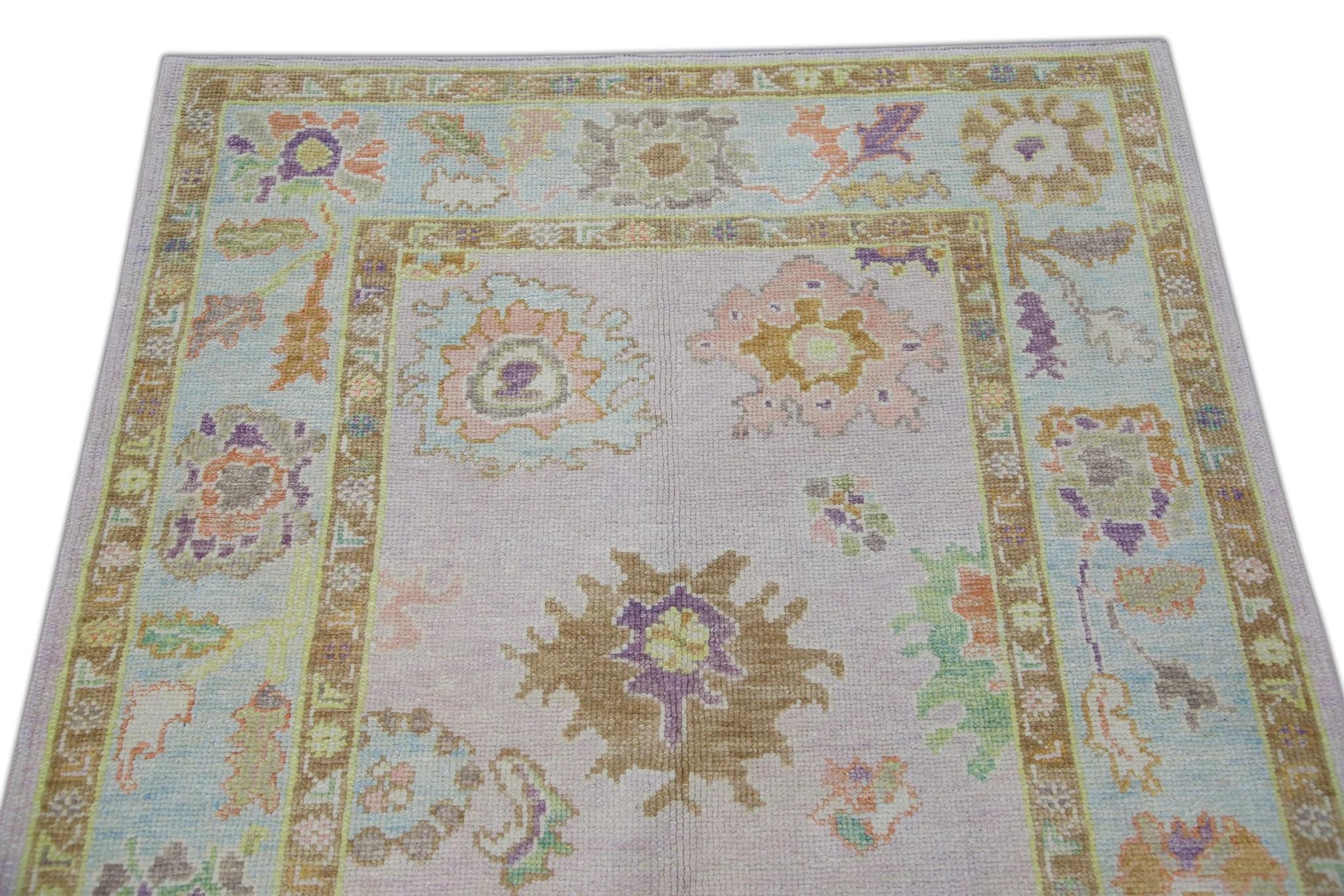 Handwoven Wool Turkish Oushak Rug Lilac Field Multicolor Floral Design 4'2 x 5'7 For Sale 2